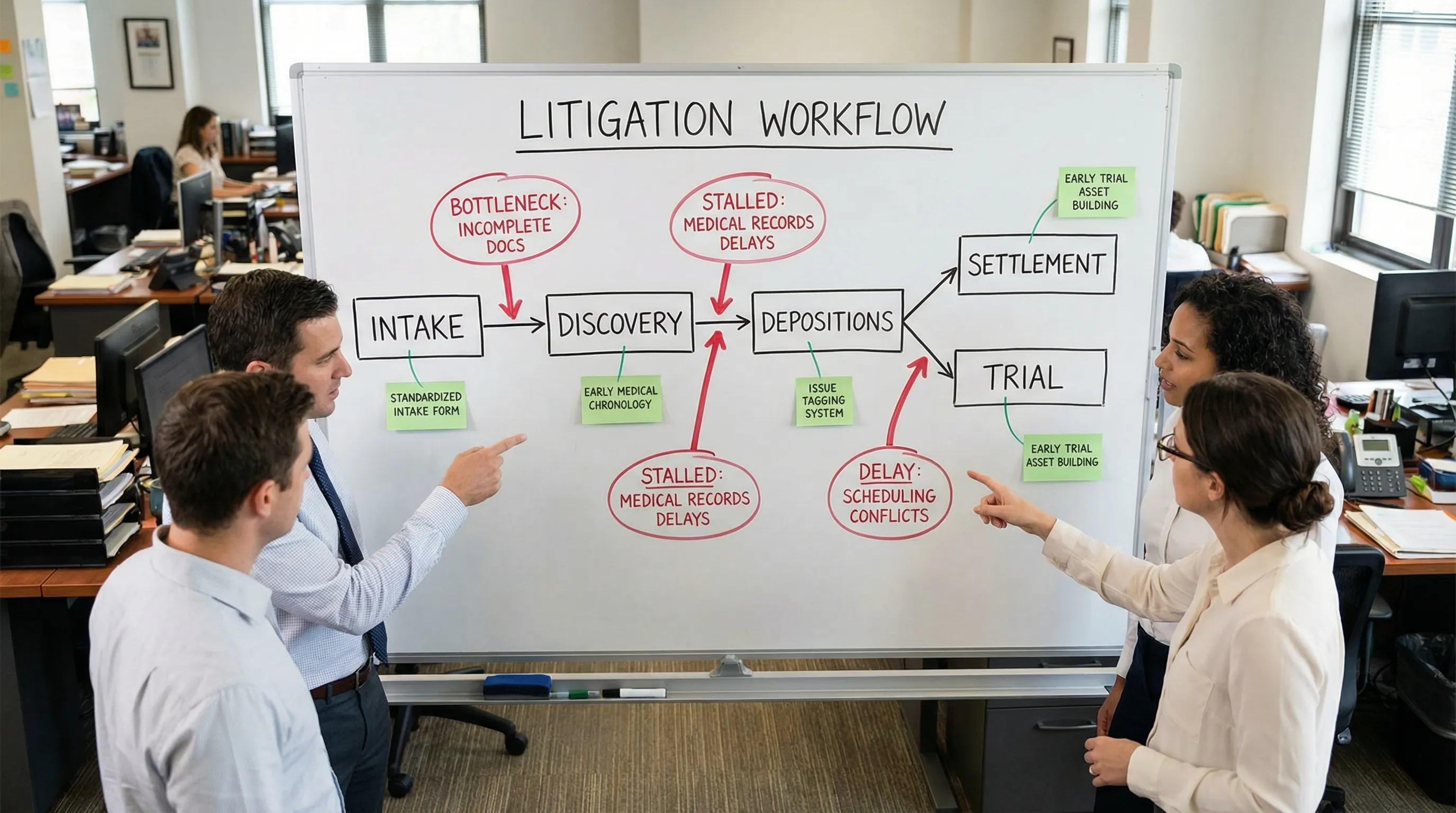 Simple workflow diagram showing a litigation timeline from intake to discovery to depositions to settlement or trial, with red markers highlighting common bottlenecks and green notes showing preventative steps like standardized intake, medical chronology, issue tagging, and early trial asset building.