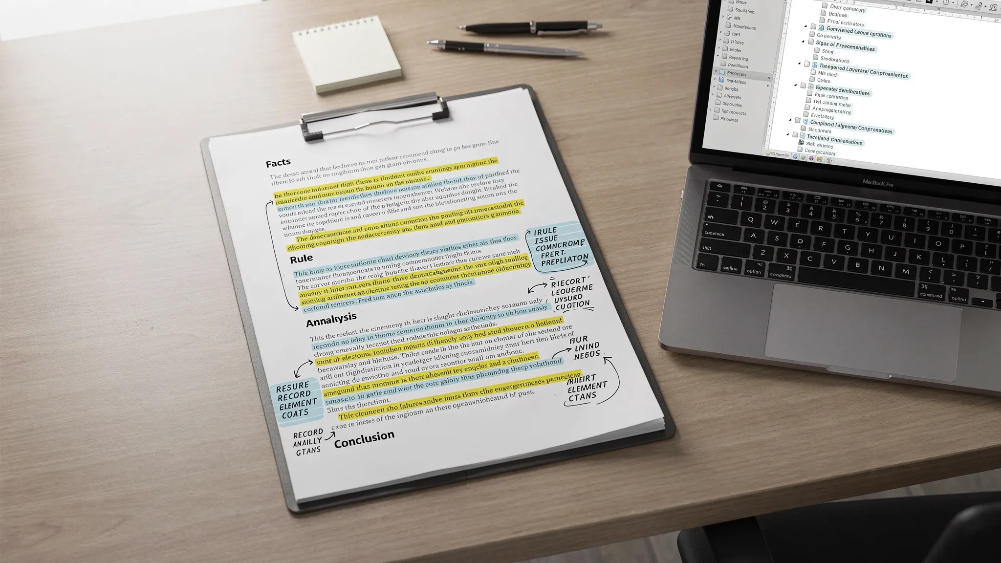 A clean desk with a printed legal brief marked with concise headings, highlighted key rules, and margin notes for elements and record citations, alongside a laptop showing a document outline.