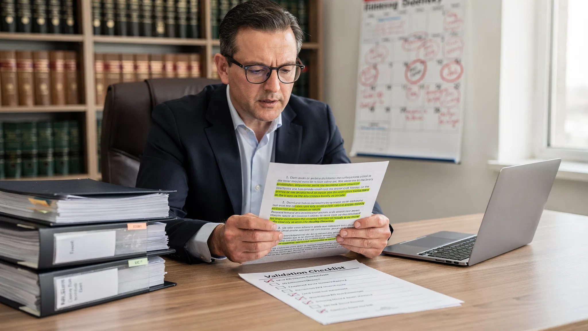An attorney at a desk reviewing an AI-generated legal draft with a printed validation checklist, with highlighted citations, a stack of case documents, and a calendar showing filing deadlines.
