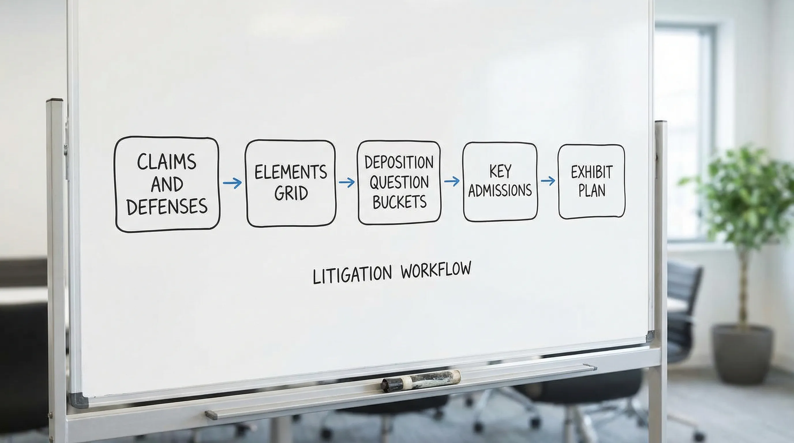 A simple flow diagram showing: Claims and defenses -> Elements grid -> Deposition question buckets -> Key admissions -> Exhibit plan, arranged left to right as a clean litigation workflow.