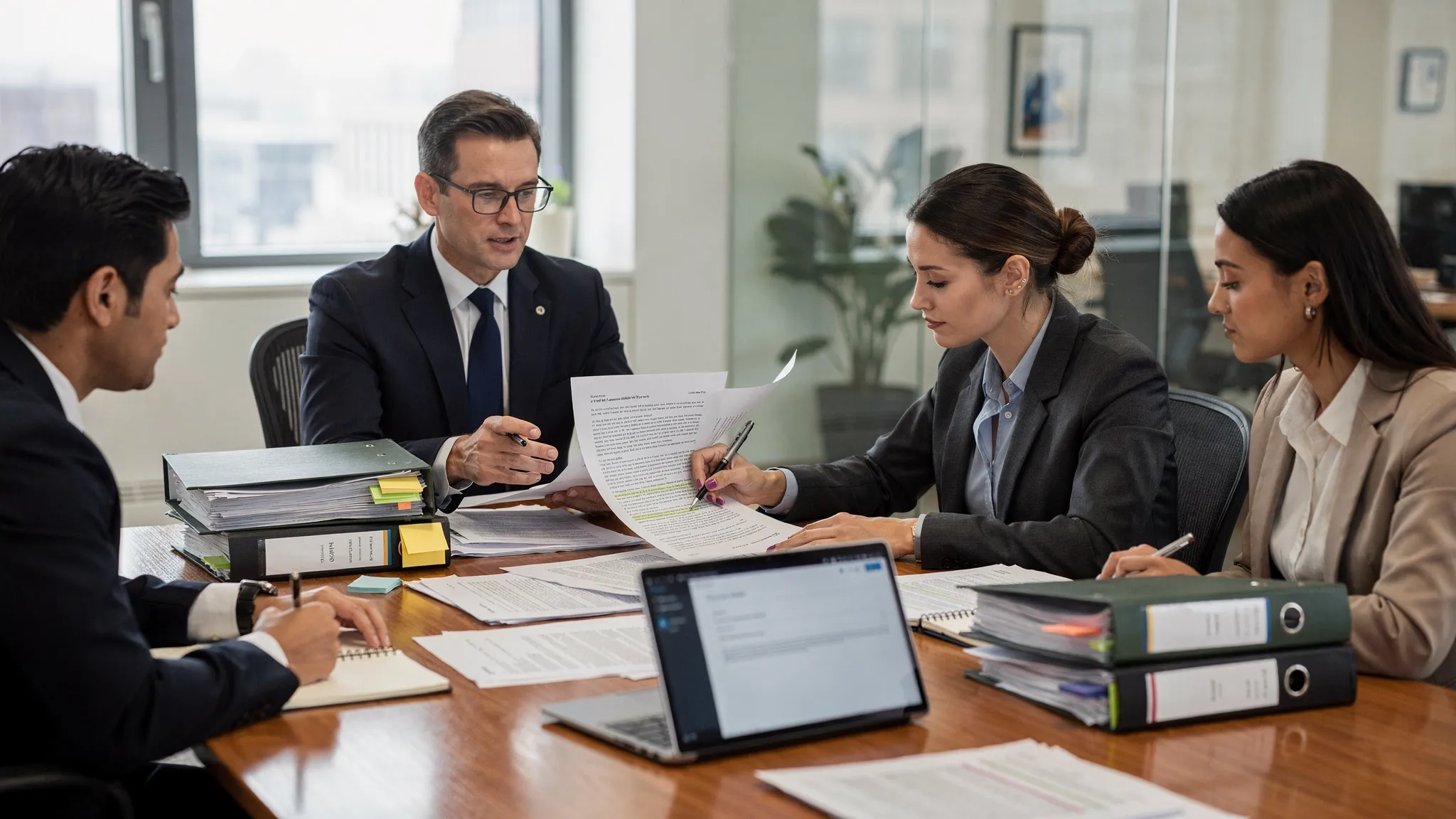 A litigation team reviewing a document production and deposition transcript in a collaborative workspace, with paper documents on a conference table and a laptop open facing the team (screen facing the right direction, no visible UI text).
