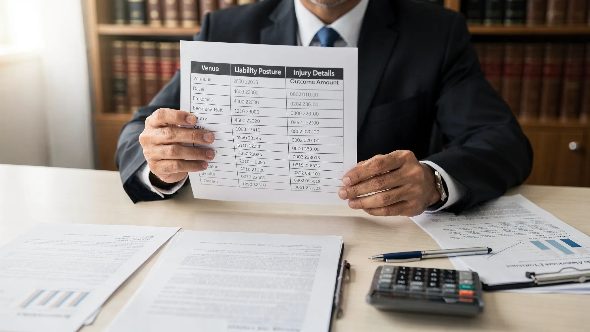 A legal professional reviewing a simple table of comparable verdict outcomes and key value drivers, with columns for venue, liability posture, injury details, and outcome amount. Papers and a calculator sit on the desk, suggesting fast case evaluation.