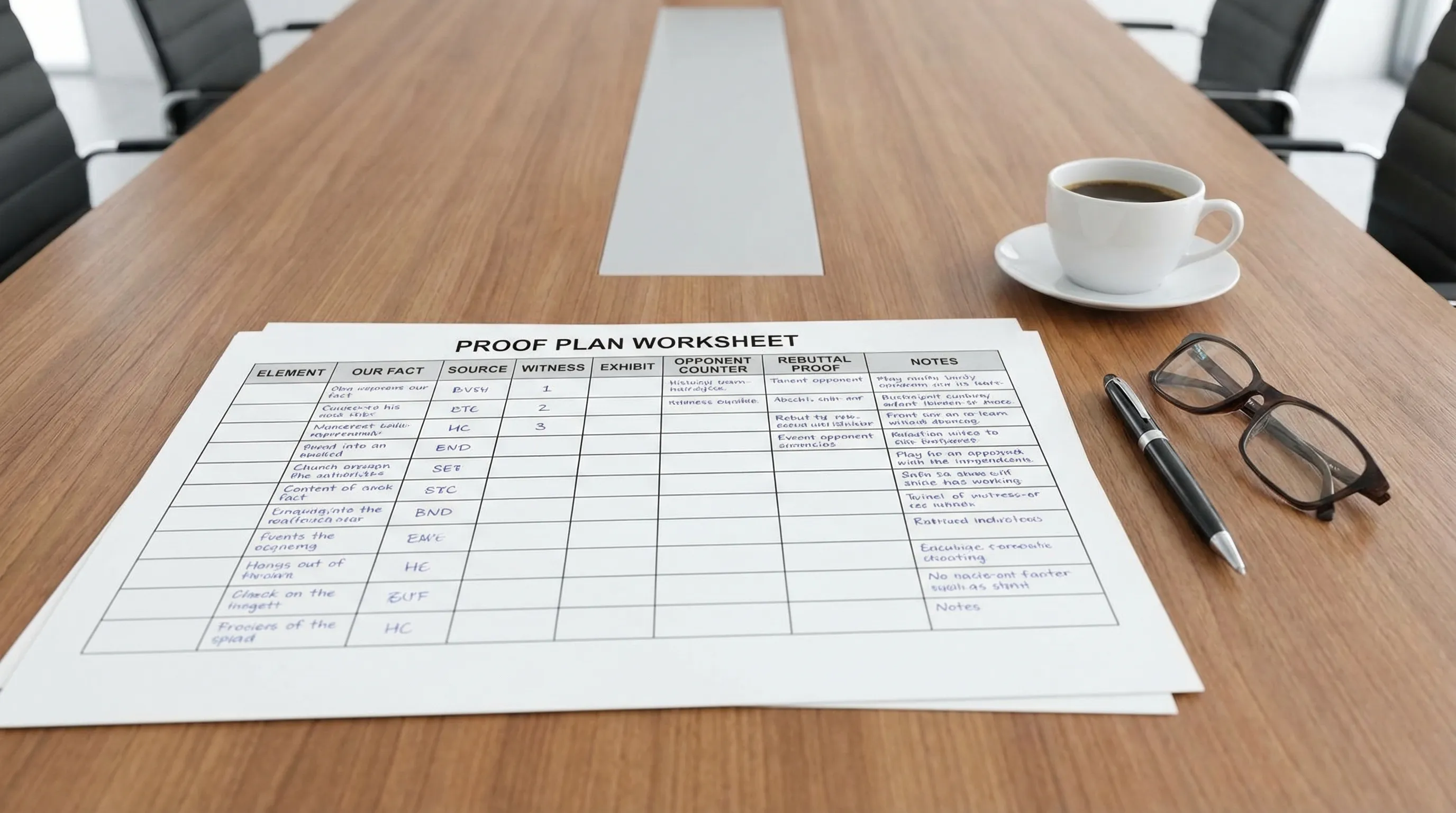 A clean, professional proof plan worksheet laid out as a table with columns for Element, Our Fact, Source, Witness, Exhibit, Opponent Counter, Rebuttal Proof, and Notes.
