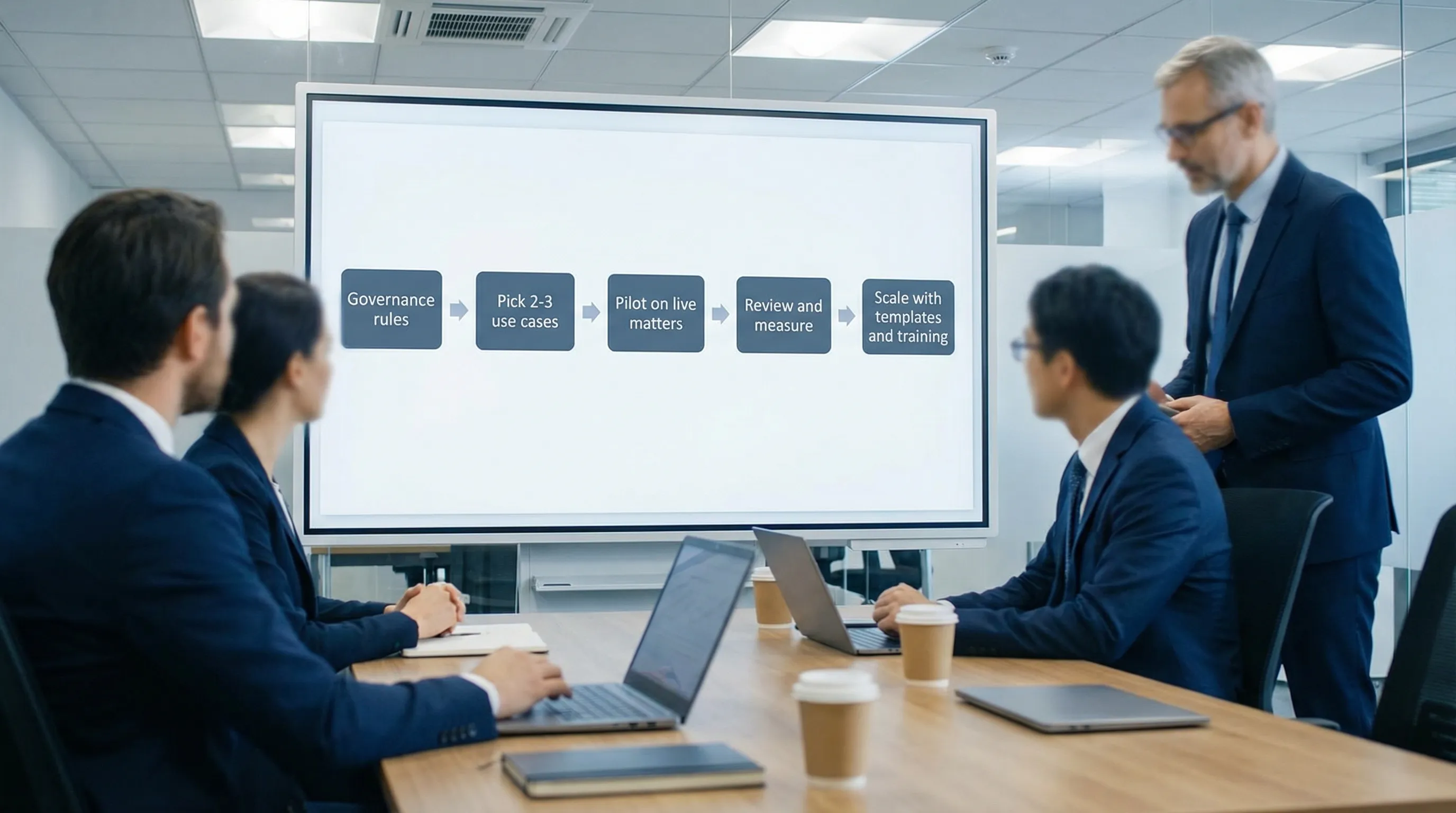 A simple rollout diagram for a law firm showing five boxes connected left to right: Governance rules, Pick 2-3 use cases, Pilot on live matters, Review and measure, Scale with templates and training.