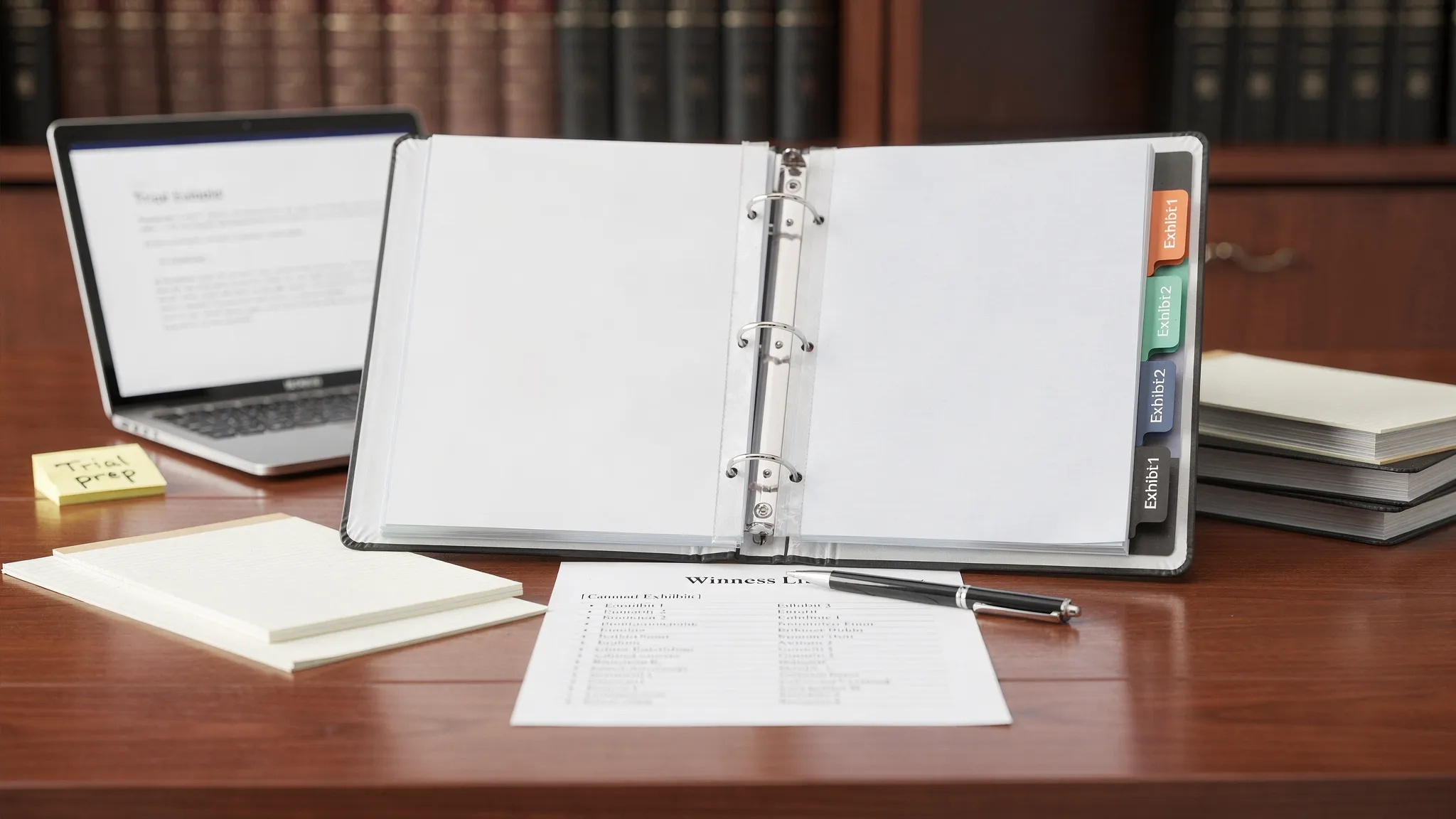 A neat pretrial preparation scene with a trial binder, labeled exhibit tabs, a printed witness list, and a laptop on a desk, suggesting an organized trial document checklist workflow.