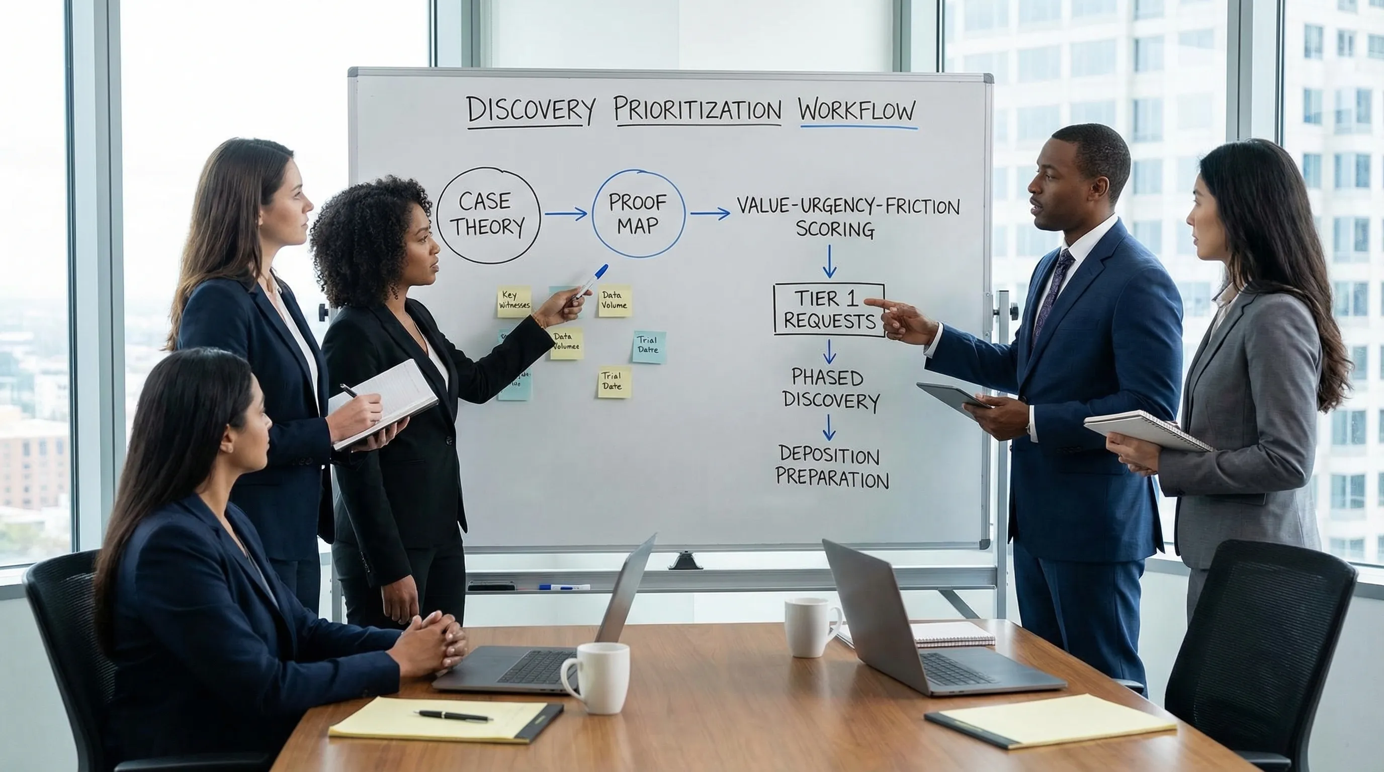 A litigation team’s discovery prioritization workflow shown as a simple visual: case theory leads to a proof map, then a value-urgency-friction scoring step, then Tier 1 requests, followed by phased discovery and deposition preparation.