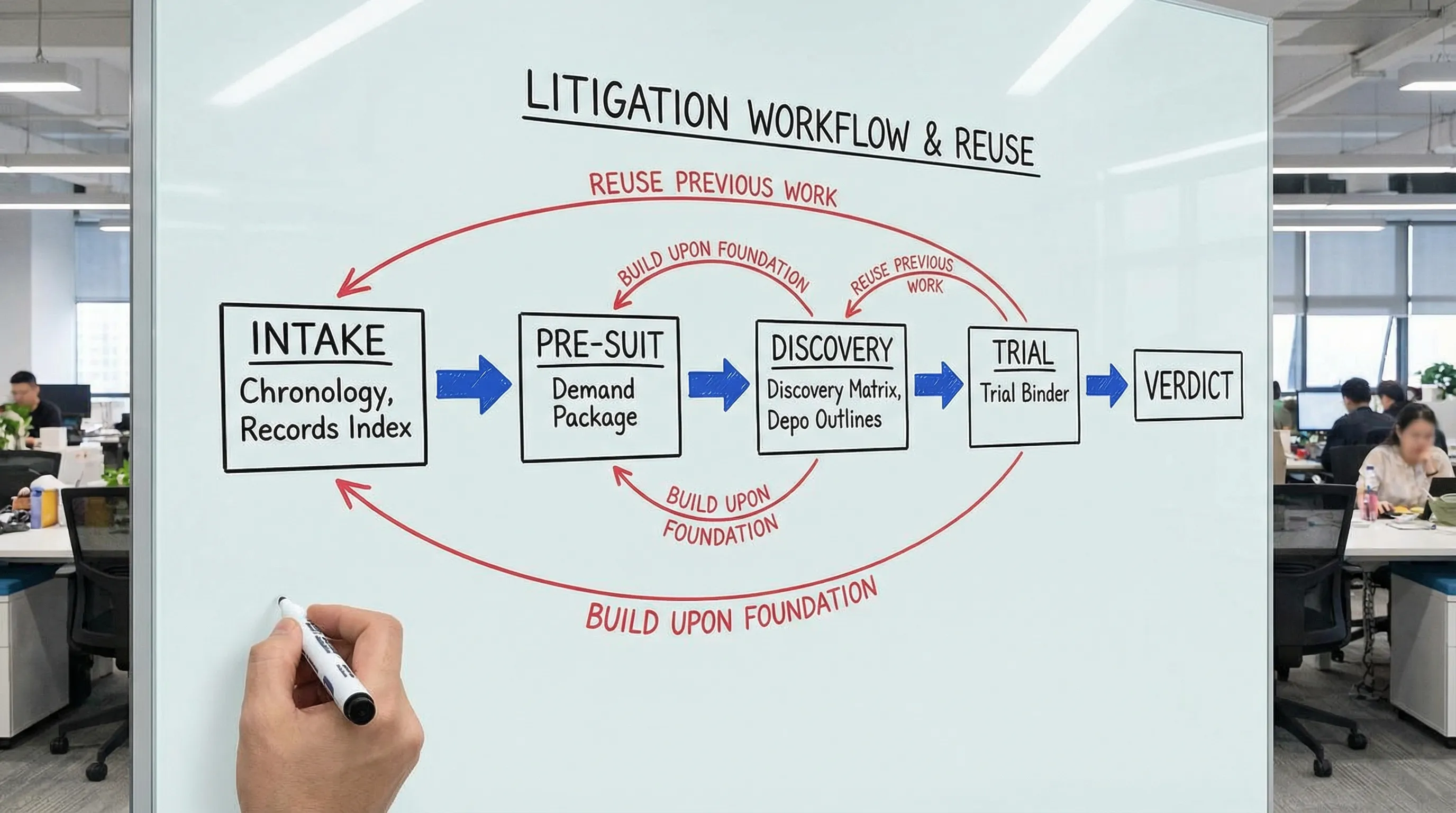 A simple flowchart-style illustration of a litigation workflow from Intake to Verdict, showing key deliverables at each stage (chronology, records index, demand package, discovery matrix, depo outlines, trial binder) and arrows emphasizing reuse instead of rework.