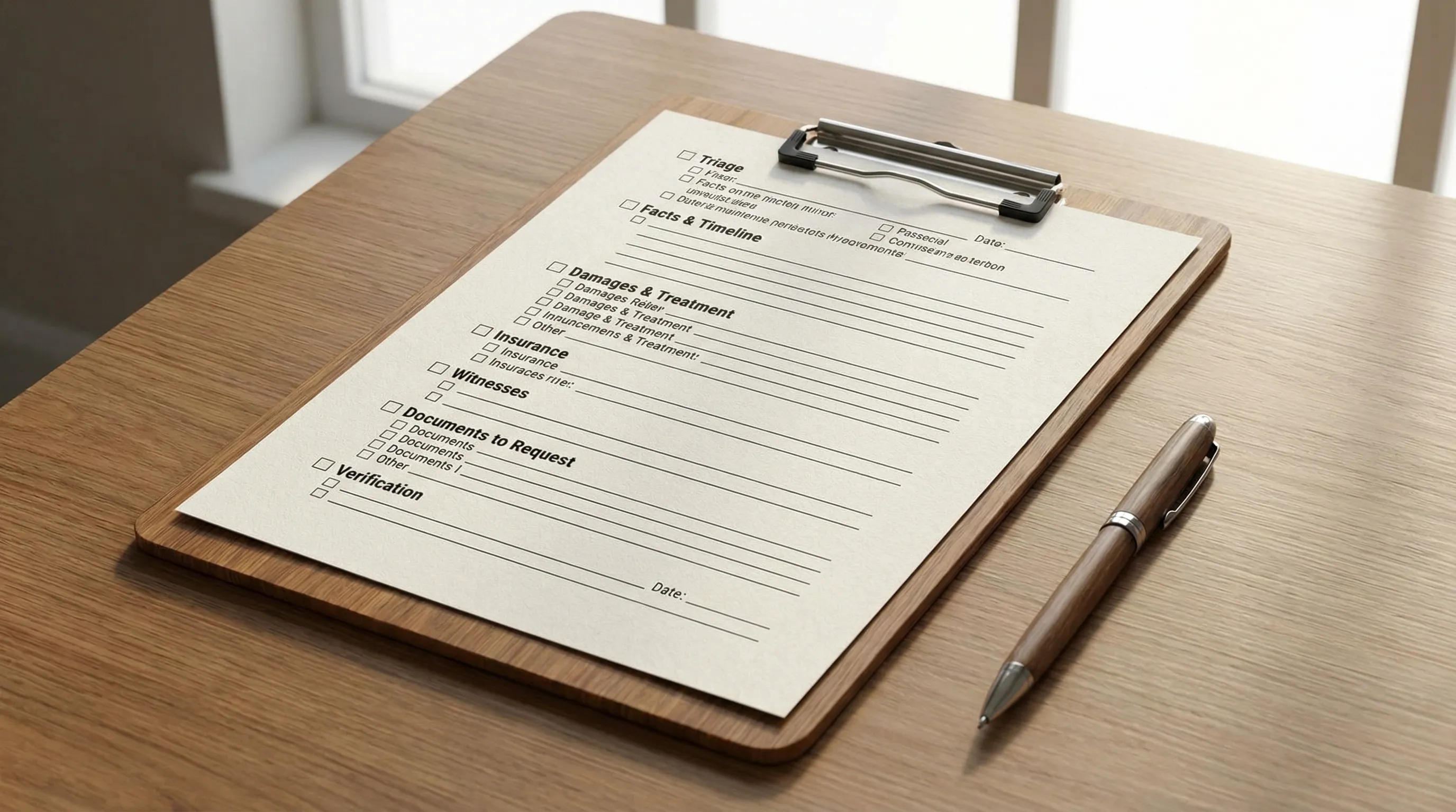 A clean one-page legal intake script layout on a clipboard with sections labeled Triage, Facts & Timeline, Damages & Treatment, Insurance, Witnesses, Documents to Request, and Verification, with checkboxes and short fill-in lines.