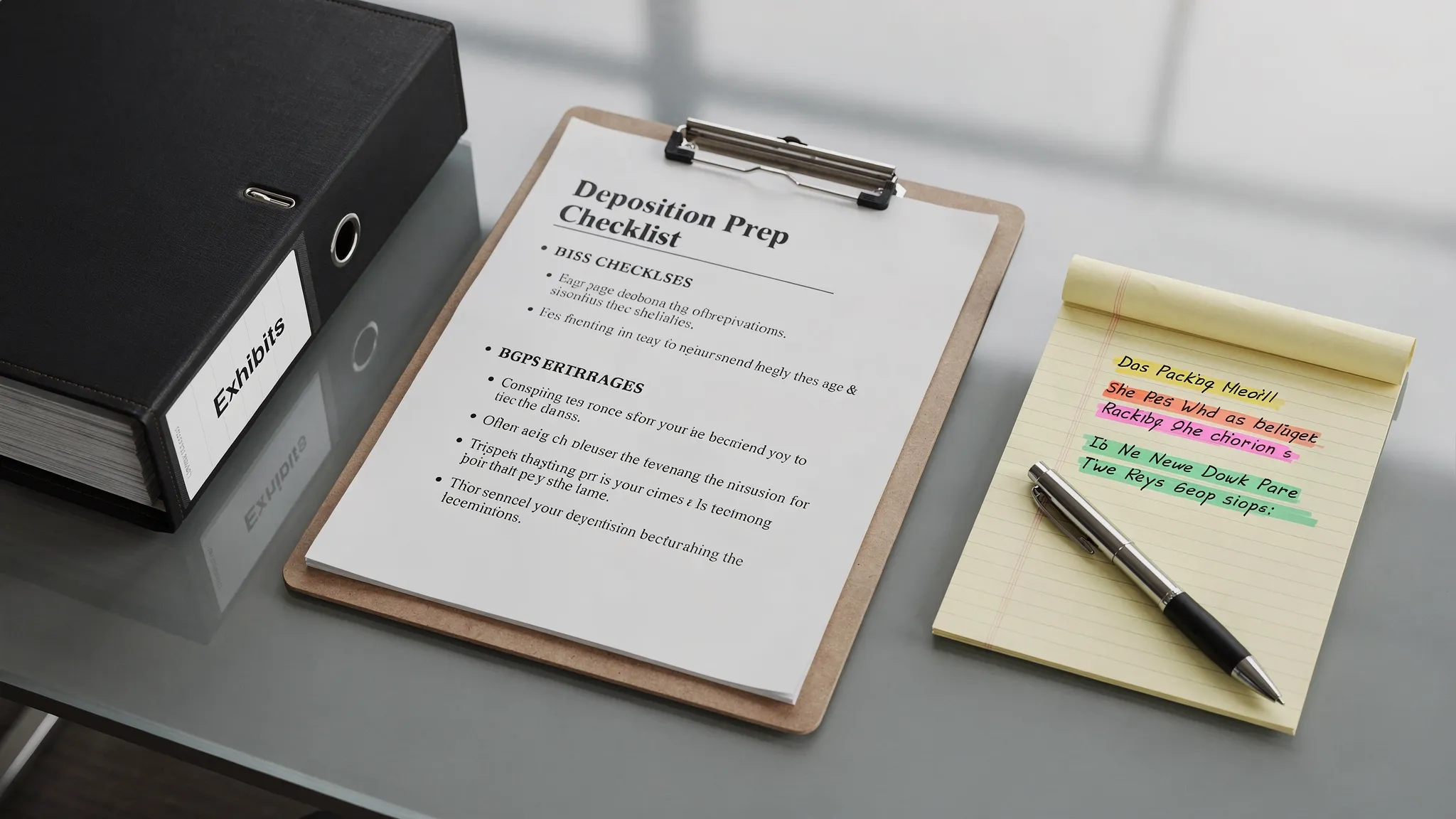 A simple one-page deposition prep checklist on a clipboard next to a neatly stacked exhibit binder, a notepad with three highlighted themes, and a pen on a conference table.