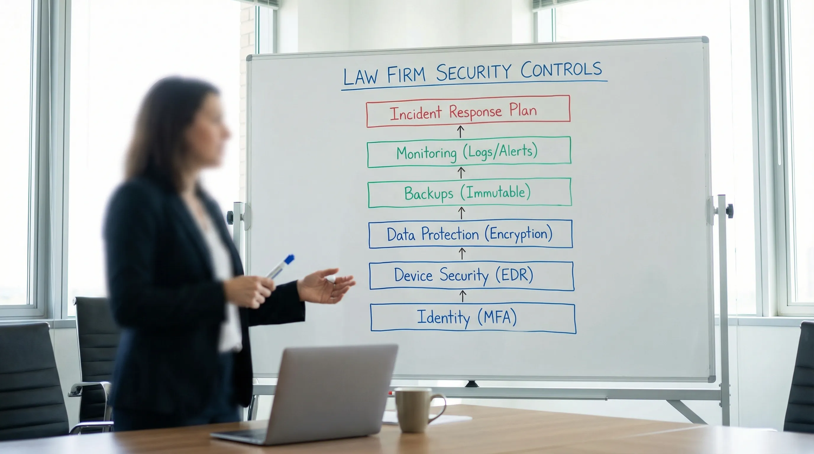 A simple layered diagram showing law firm security controls: identity (MFA), device security (EDR), data protection (encryption), backups (immutable), monitoring (logs/alerts), and incident response plan.