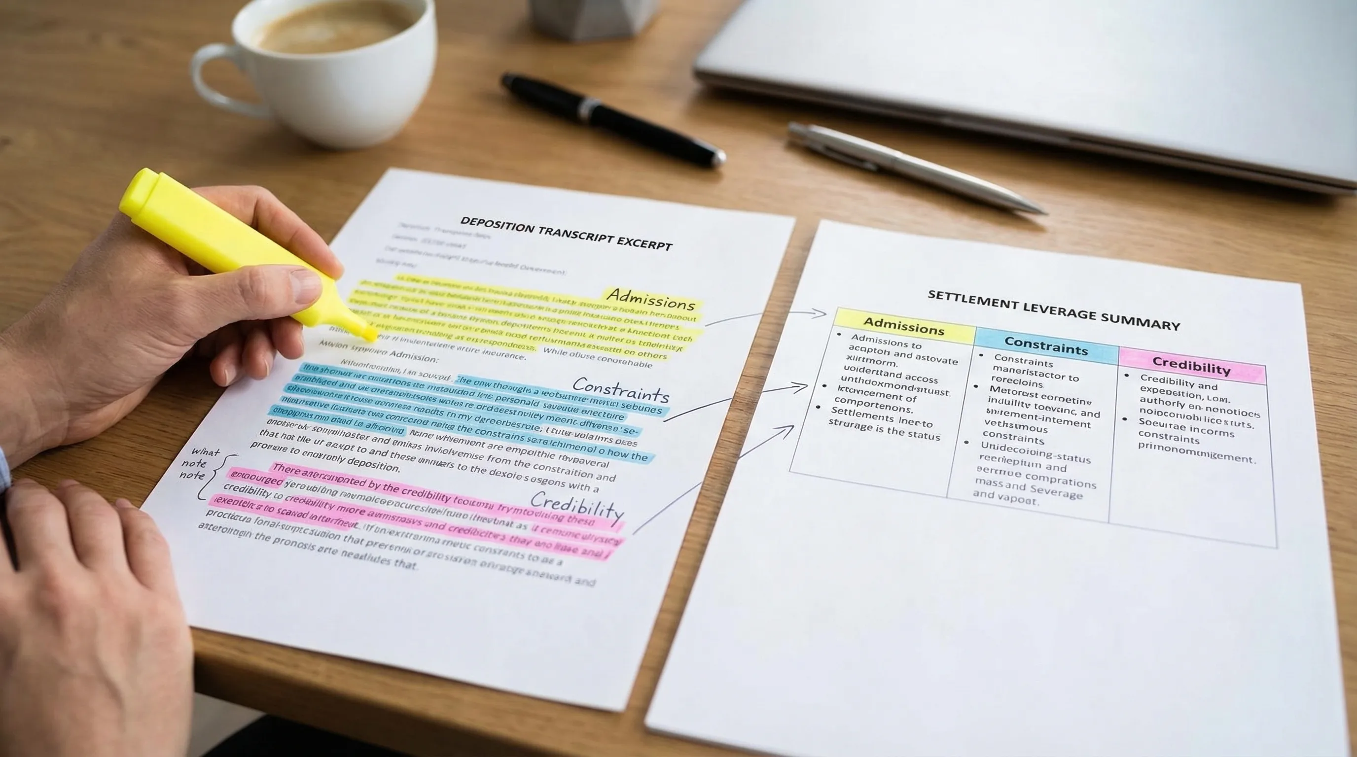 A simple visual showing a deposition transcript excerpt being highlighted into three colors labeled Admissions, Constraints, and Credibility, then flowing into a one-page settlement leverage summary used in negotiation.