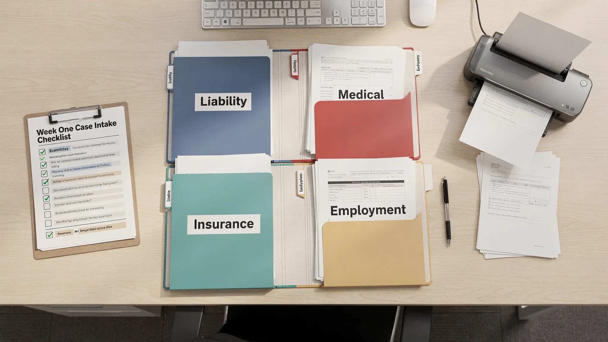 A neatly organized legal intake workspace with labeled folders for “Liability,” “Medical,” “Insurance,” and “Employment,” alongside a checklist and a scanner feeding documents, conveying a streamlined week-one case intake process.