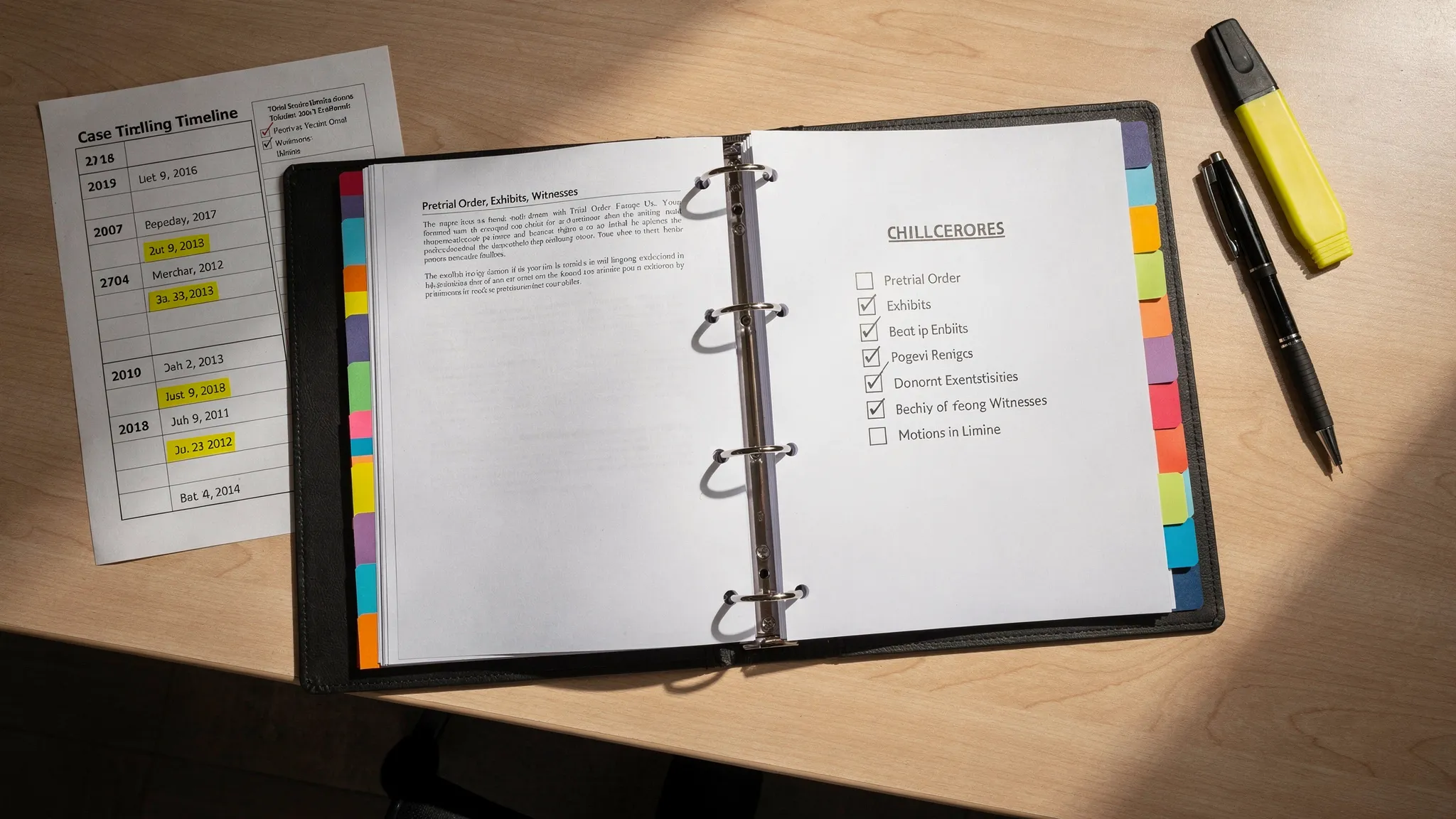 A simple courtroom-prep workspace showing a trial binder, color-coded exhibit tabs, a printed case timeline with highlighted dates, and a checklist labeled “Pretrial Order, Exhibits, Witnesses, Motions in Limine.”