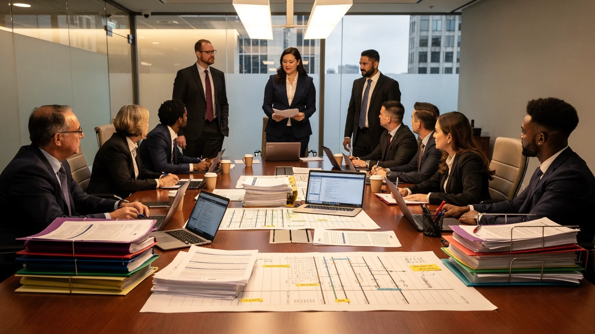 A litigation team reviews organized case files, discovery documents, timelines, and deposition notes on a conference table during case preparation.
