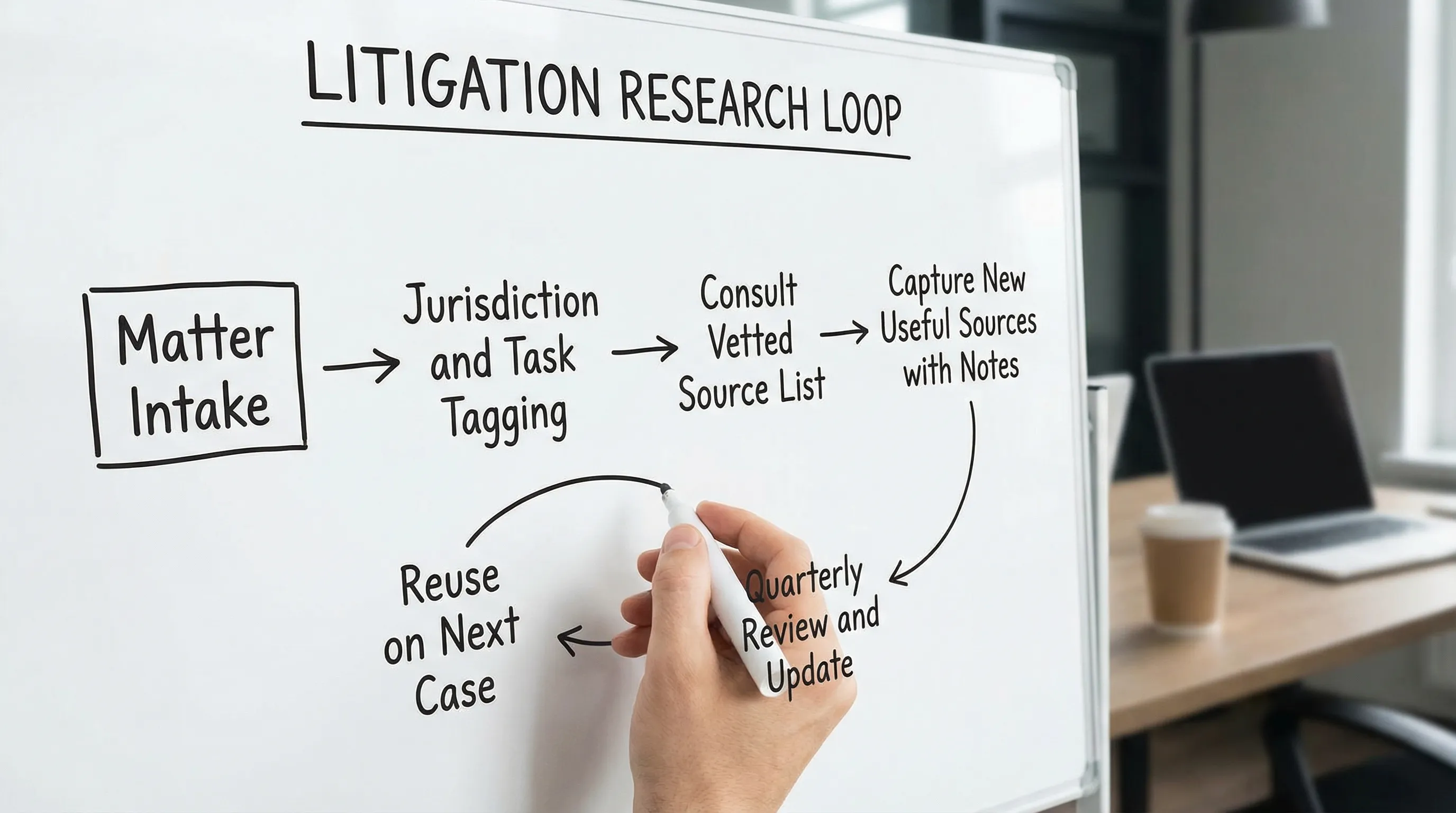 A simple workflow diagram showing a repeatable litigation research loop: matter intake leads to jurisdiction and task tagging, then consult vetted source list, then capture new useful sources with notes, then quarterly review and update, then reuse on next case.
