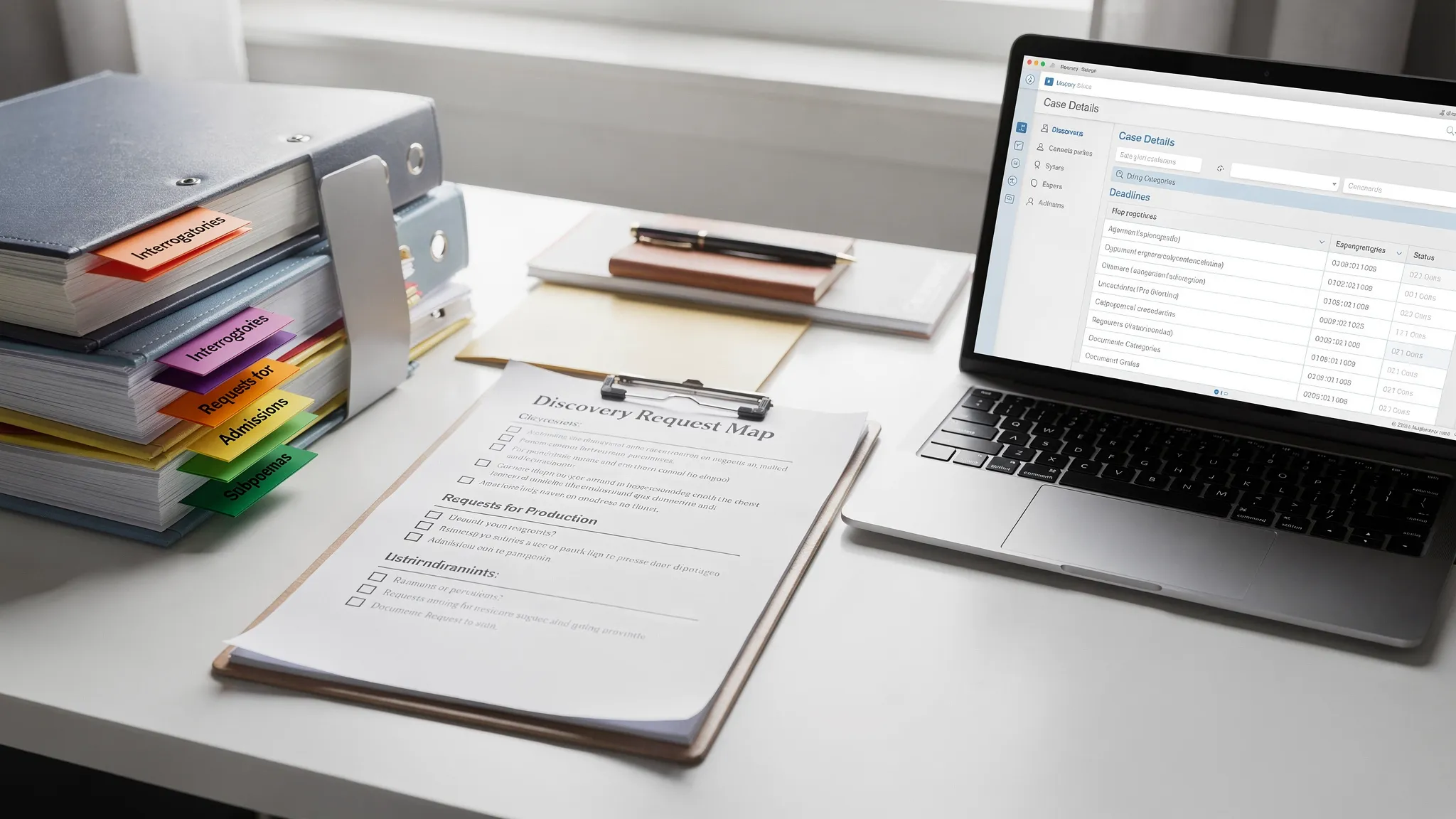 A litigation desk scene with a printed “Discovery Request Map” one-page checklist, color tabs on a case file, and a laptop open to a structured discovery template, emphasizing speed and organization.