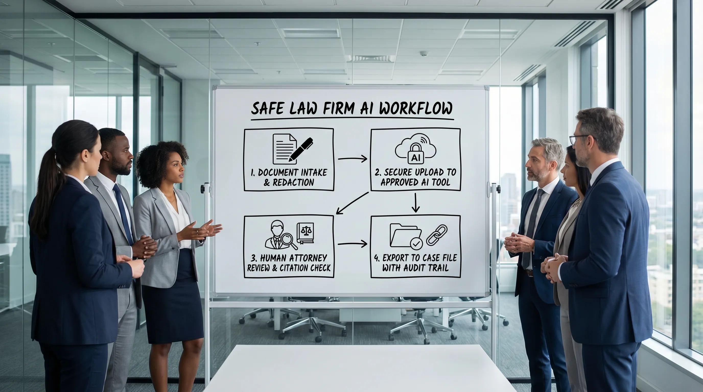 A simple flow diagram showing a safe law firm AI workflow: document intake and redaction, secure upload to an approved AI tool, human attorney review and citation check, then export to case file with audit trail.