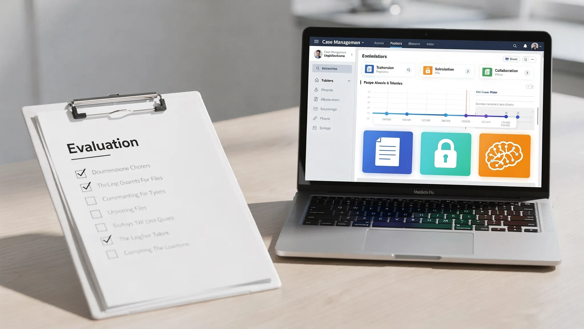A clean evaluation checklist on a clipboard next to a laptop showing a legal case dashboard, with icons representing documents, security lock, collaboration, and AI analysis.