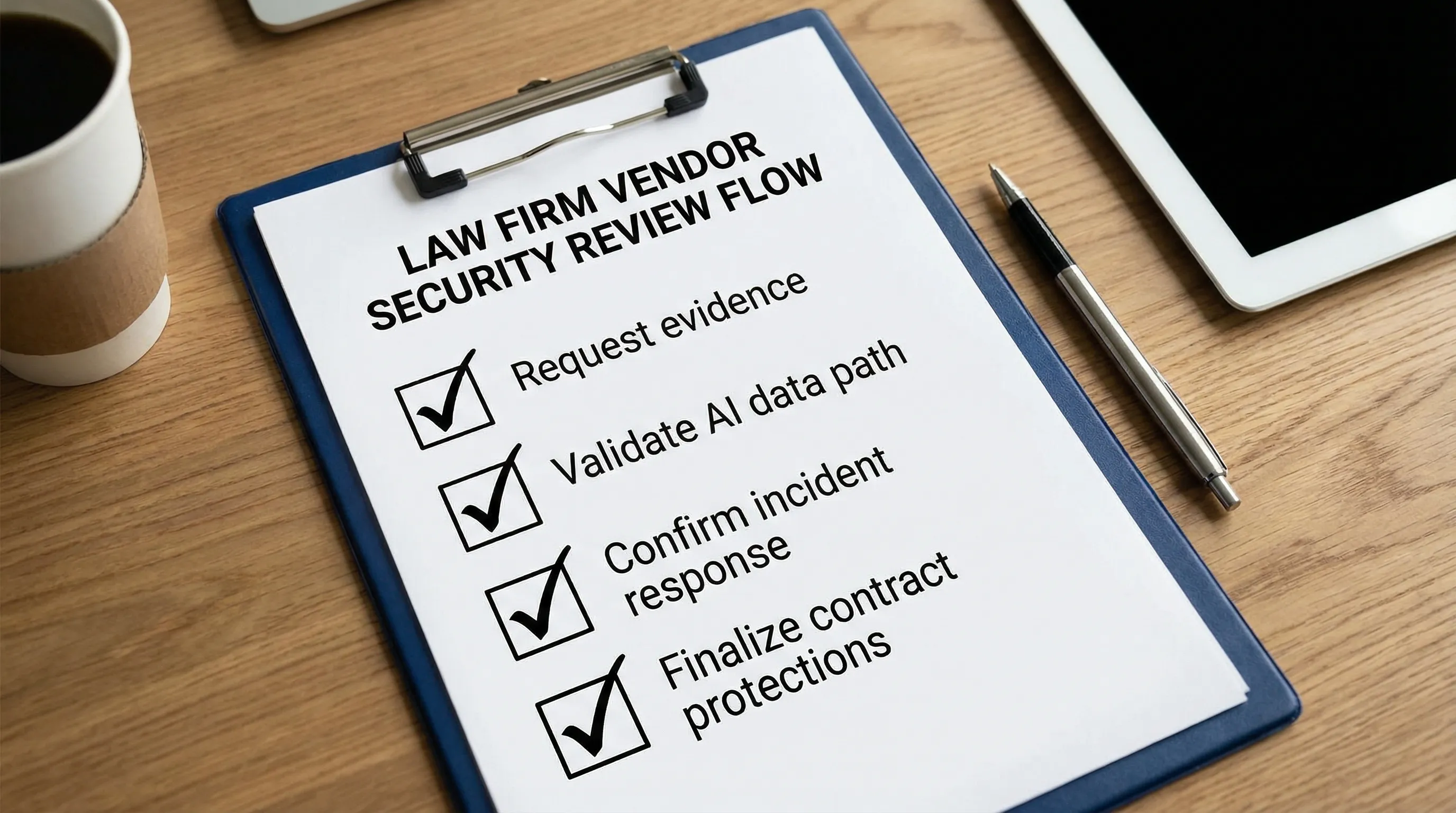 A simple checklist-style diagram showing a law firm vendor security review flow: Request evidence, Validate AI data path, Confirm incident response, Finalize contract protections.