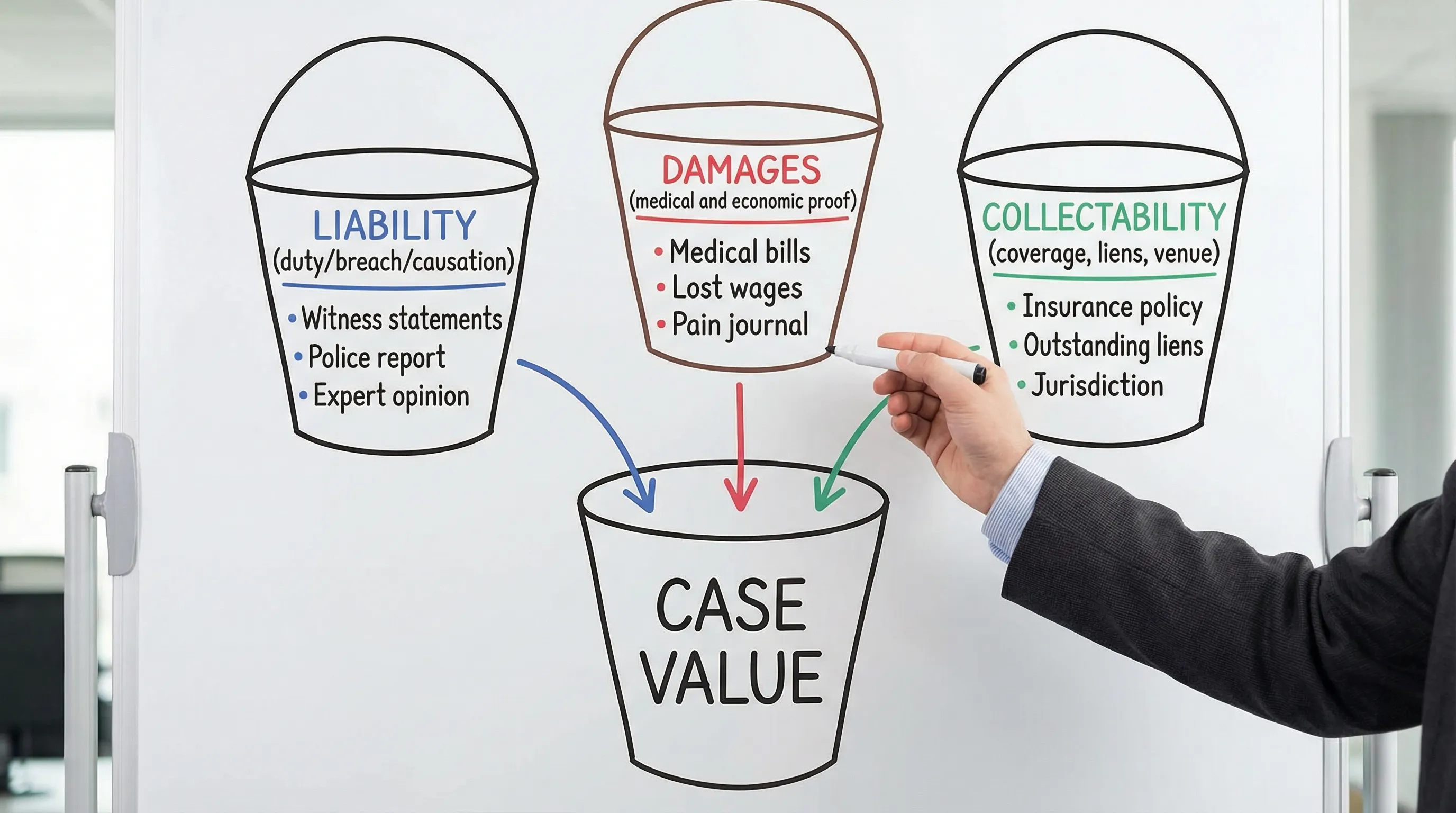 A simple diagram showing three buckets feeding into “Case Value”: Liability (duty/breach/causation), Damages (medical and economic proof), and Collectability (coverage, liens, venue). Each bucket has 2-3 example signals.