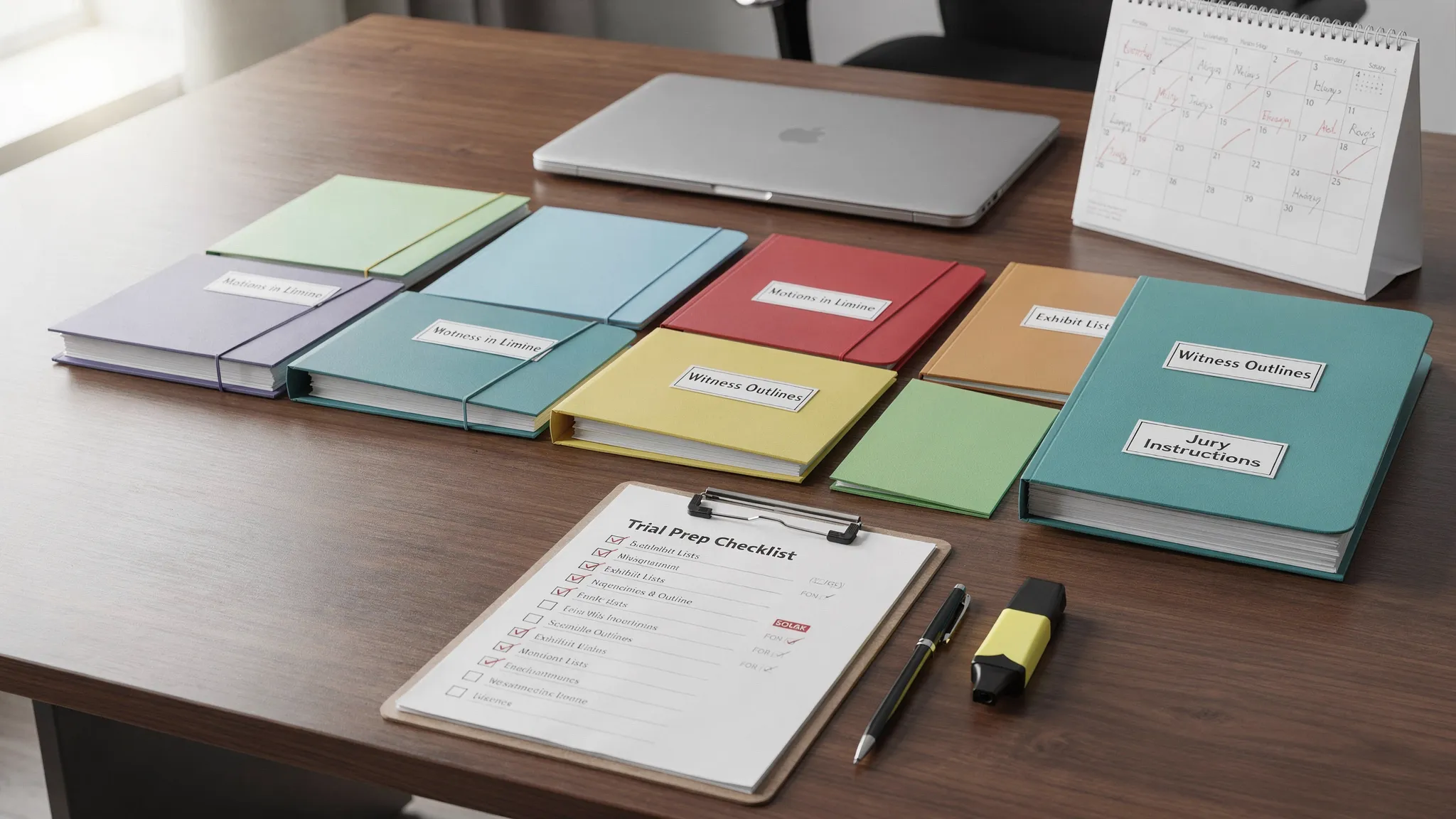 A neatly organized trial preparation workspace with labeled folders for motions in limine, witness outlines, exhibit lists, and jury instructions, plus a calendar and checklist on the desk.