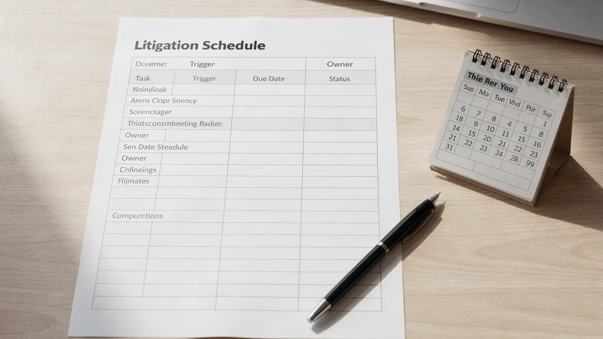 A clean spreadsheet-style litigation schedule template on a desk next to a paper calendar and a pen, showing columns like Task, Trigger, Due Date, Owner, and Status.