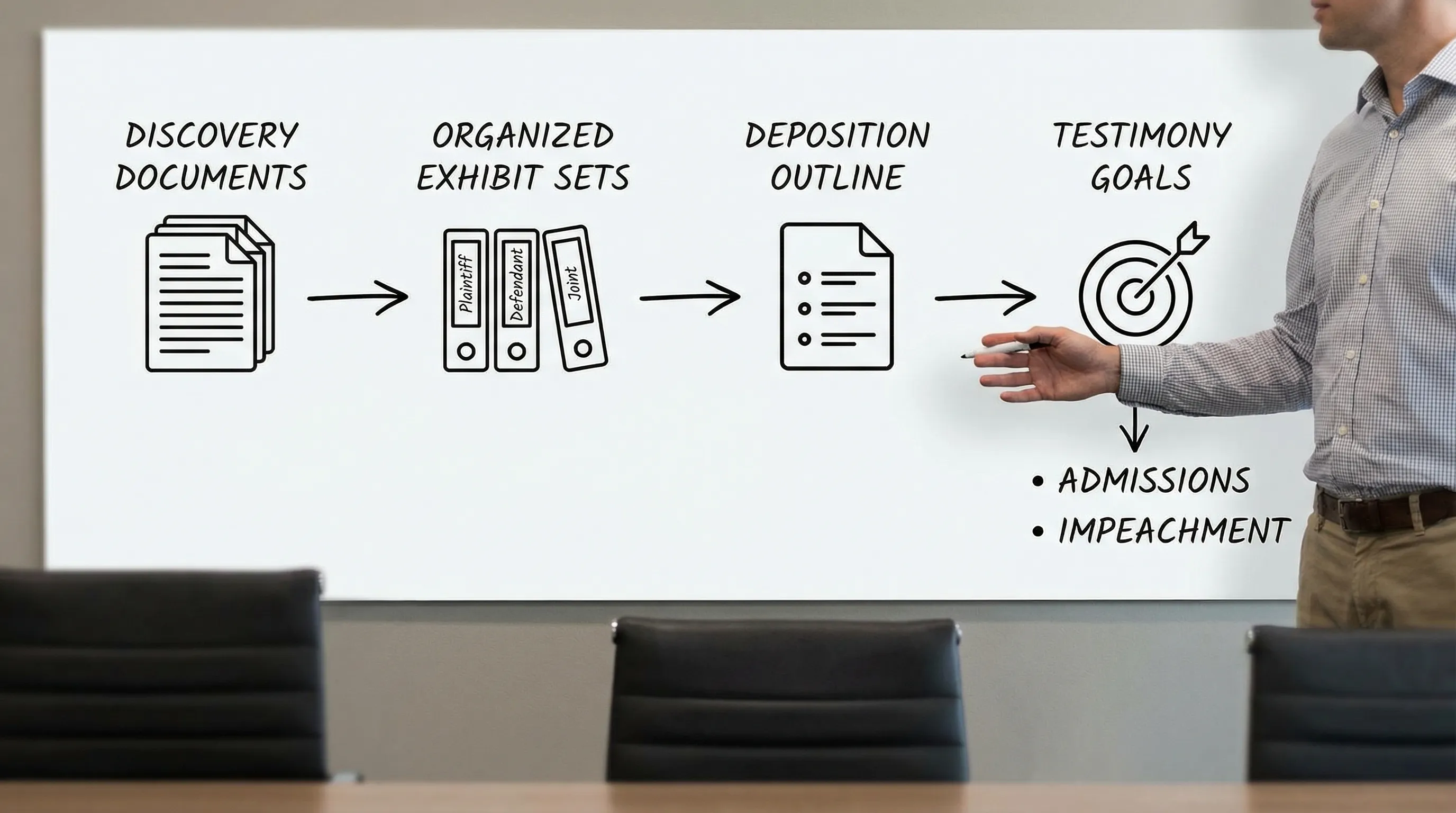 A simplified diagram showing the flow from discovery documents to organized exhibit sets, then to a deposition outline, and finally to testimony goals like admissions and impeachment.
