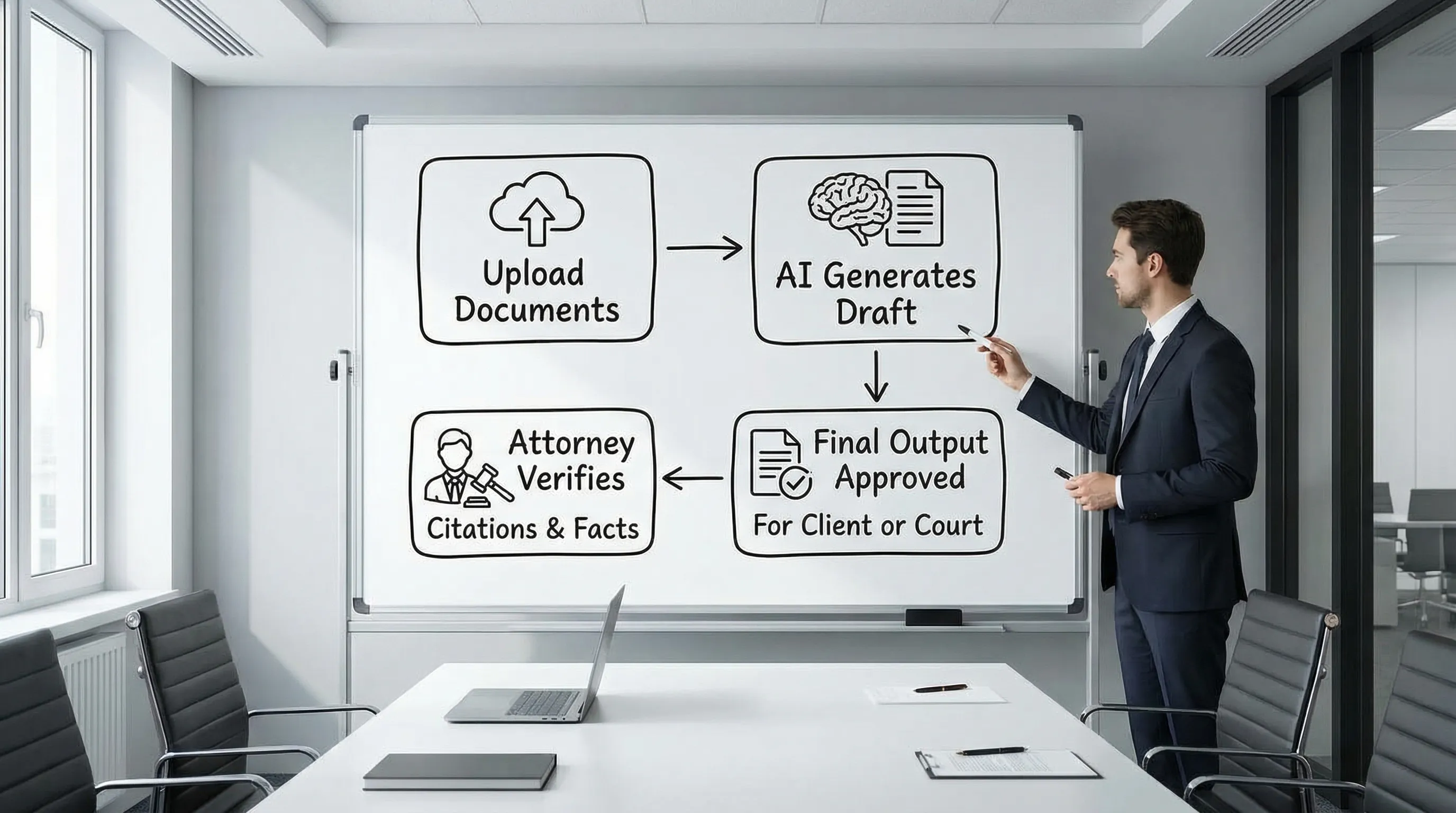 A simple flowchart showing an AI drafting process for a law firm: Upload documents, AI generates draft, attorney verifies citations and facts, final output approved for client or court.