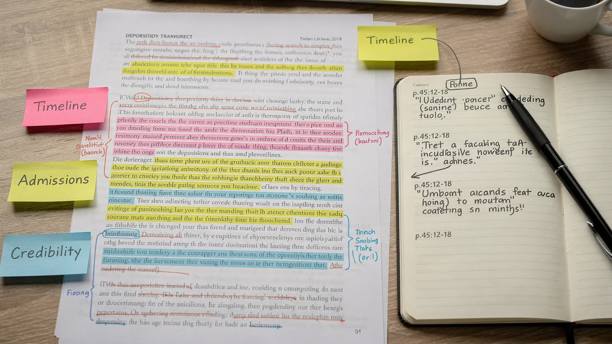 A printed deposition transcript with highlighted testimony, sticky notes labeled by issue (timeline, admissions, credibility), and a notebook showing page:line citations next to short verbatim quotes.