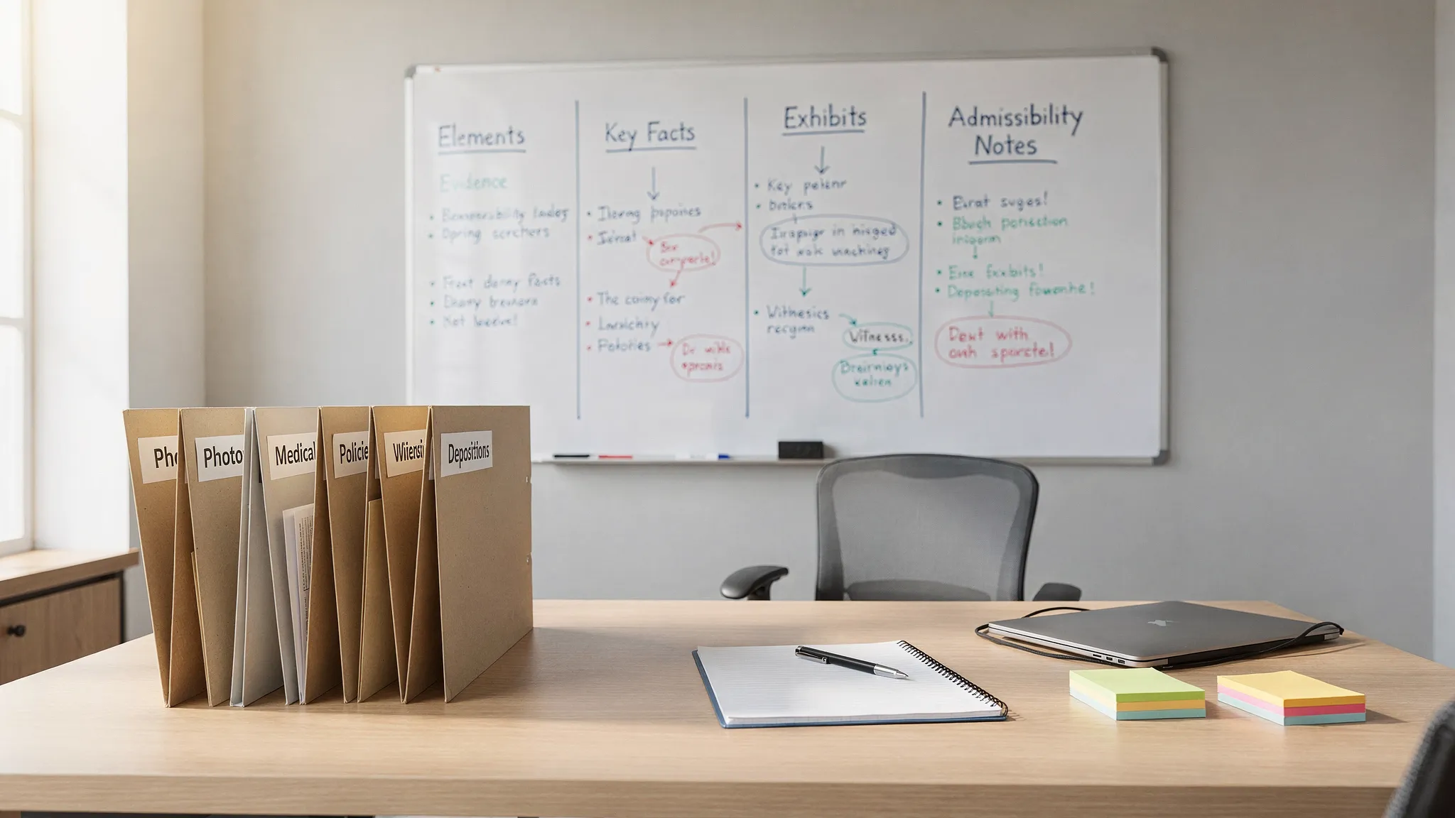 A trial prep workspace showing a simple evidence map on a whiteboard: columns for elements, key facts, exhibits, witnesses, and admissibility notes; nearby are neatly labeled folders for “Photos,” “Medical,” “Policies,” and “Depositions.”