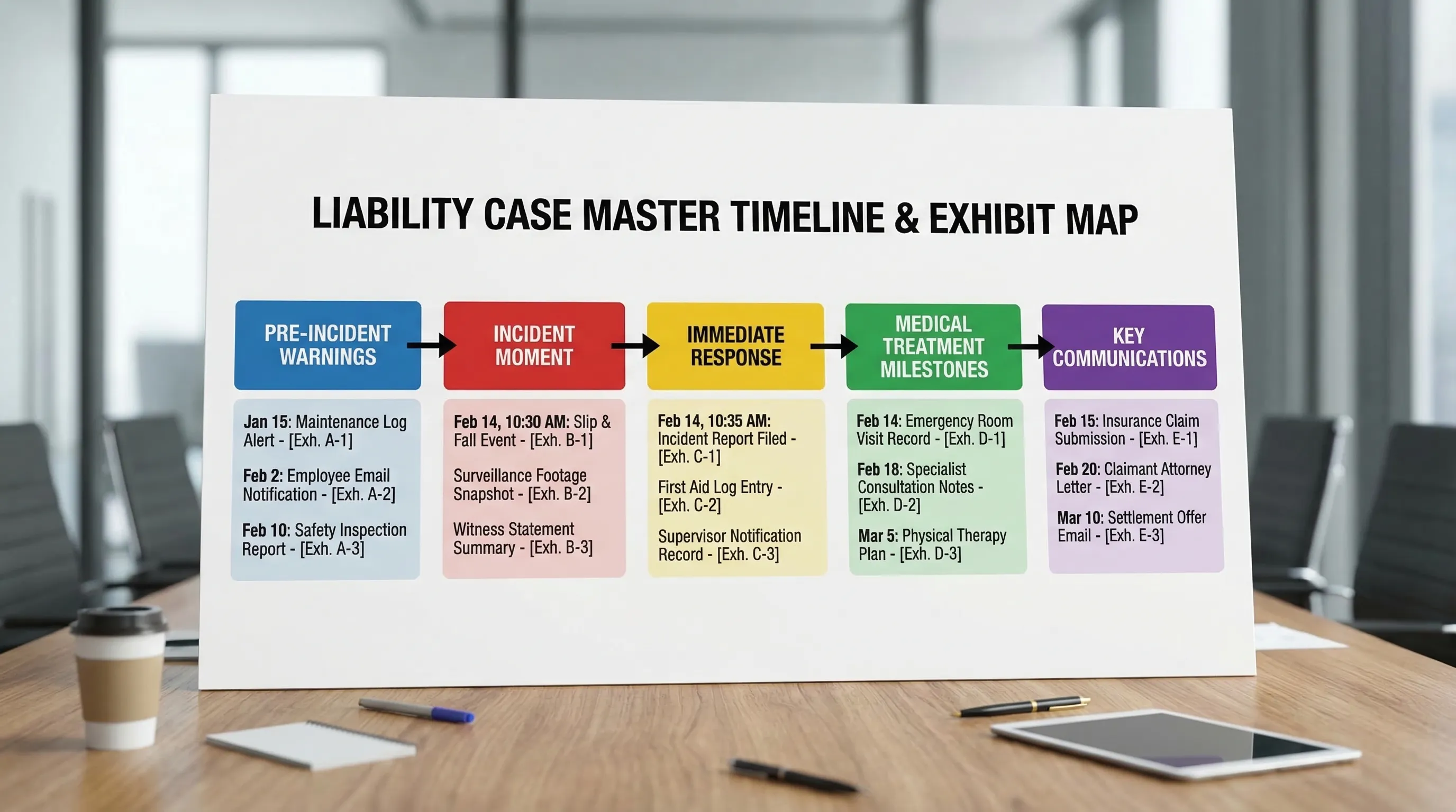 A clean master timeline graphic for a liability case: pre-incident warnings, incident moment, immediate response, medical treatment milestones, and key communications, each linked to an exhibit ID.