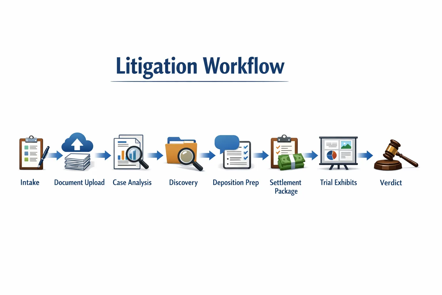 A clean litigation workflow illustration showing phases from intake to verdict, with icons for document upload, analysis, discovery, deposition prep, settlement package, and trial exhibits arranged in a simple left-to-right timeline.