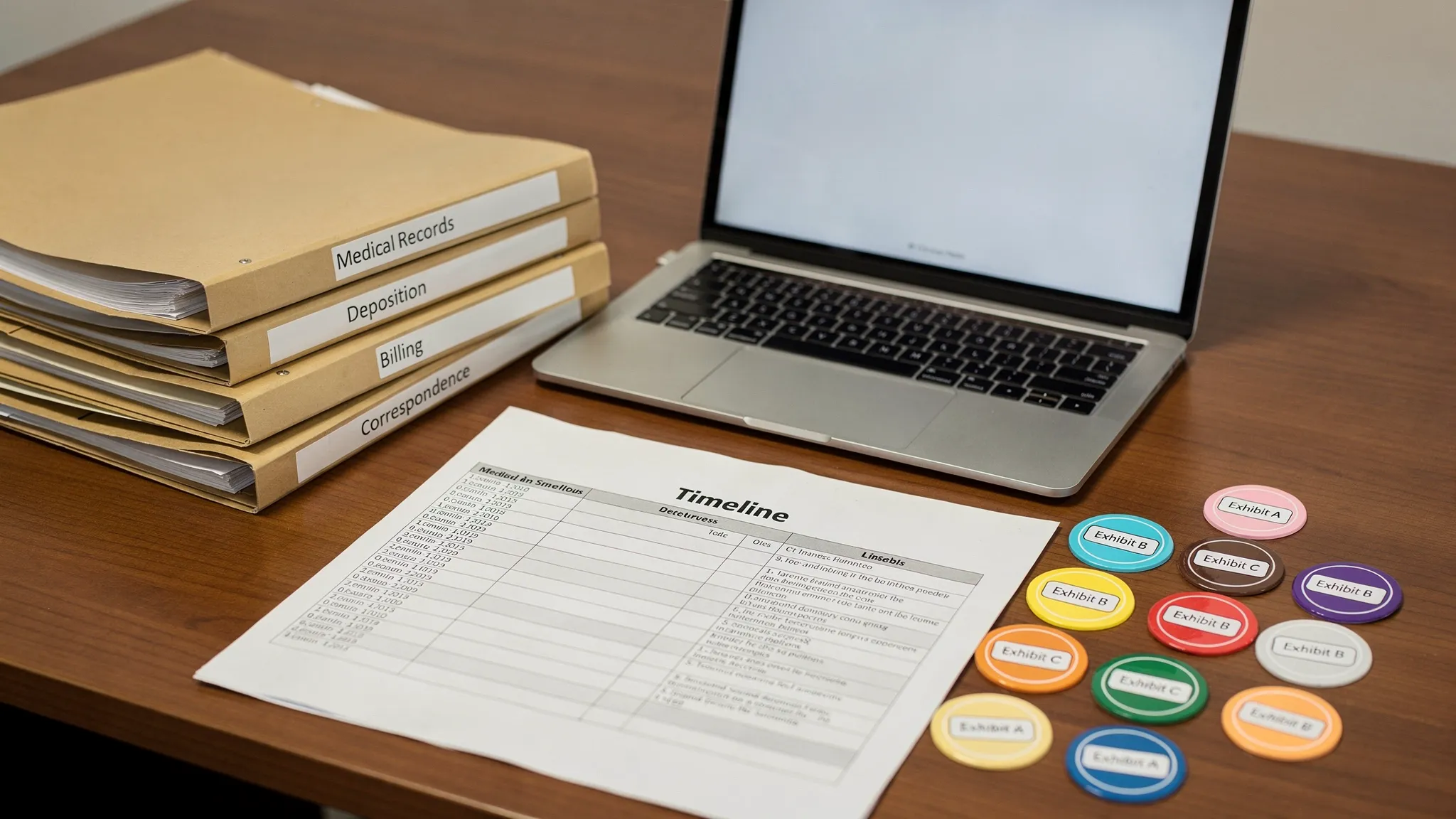 A close-up photo of an organized case file workspace with labeled folders, a printed medical timeline summary, deposition exhibit stickers, and a laptop on a desk (screen facing the viewer, blank/neutral display).
