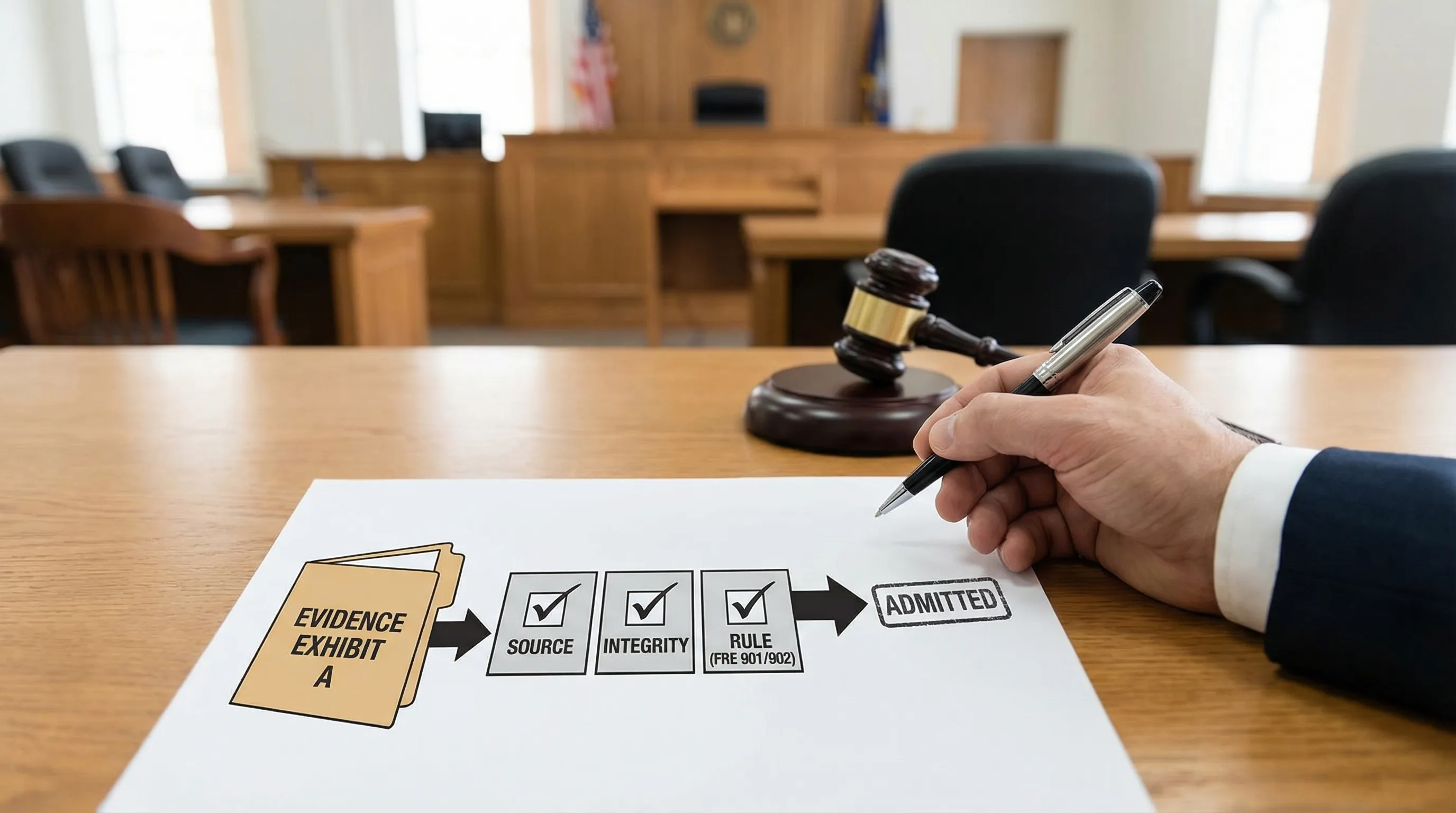 A simple courtroom-focused checklist illustration showing an evidence exhibit folder connected to three boxes labeled Source, Integrity, and Rule (FRE 901/902), with a final arrow pointing to Admitted.