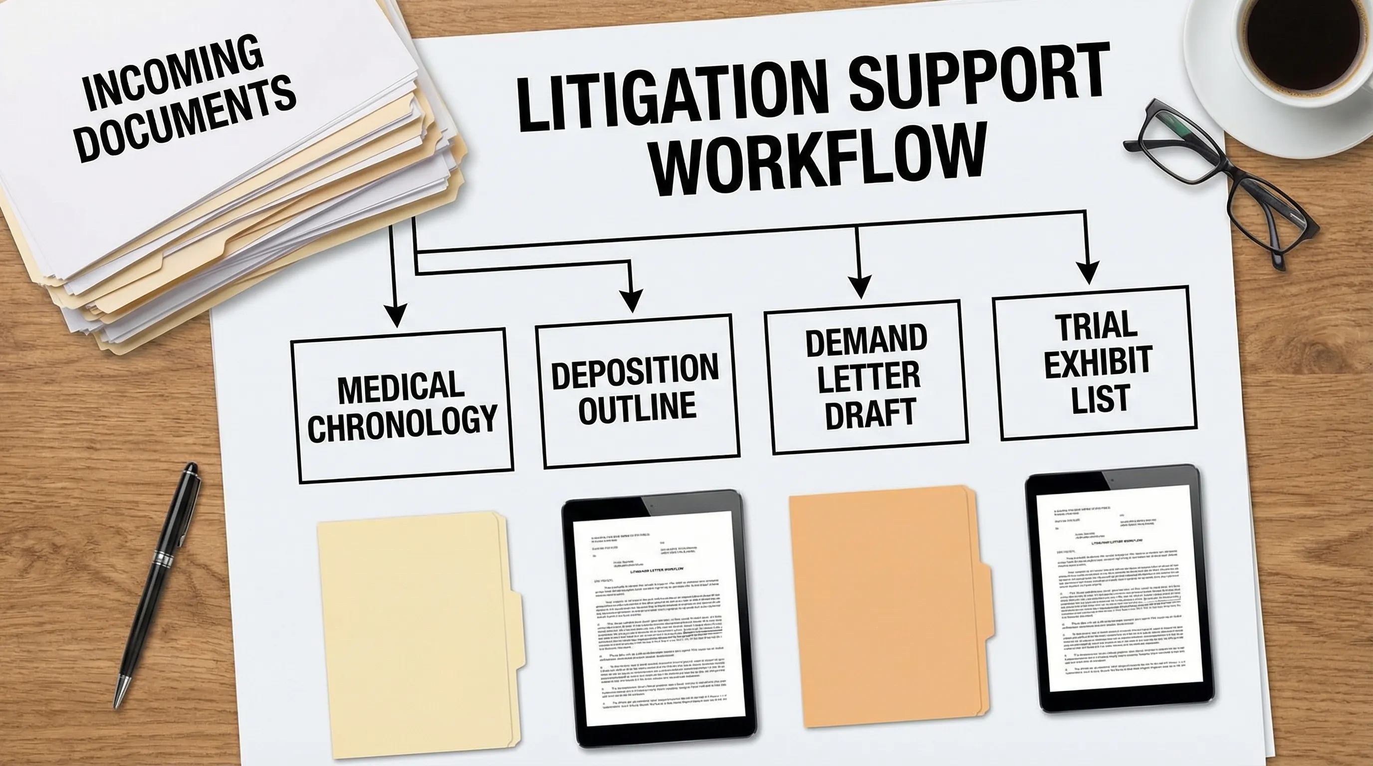 A litigation support workflow overview showing documents flowing into organized outputs like a medical chronology, deposition outline, demand letter draft, and trial exhibit list, arranged as a simple pipeline diagram.