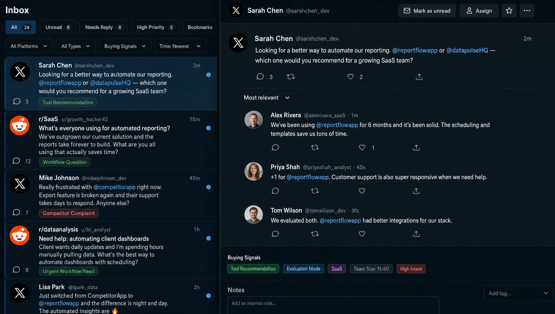 A close-up overhead view of a focused inbox of public X and Reddit conversations, with highlighted buying signals such as tool recommendations, competitor complaints, and urgent workflow questions.