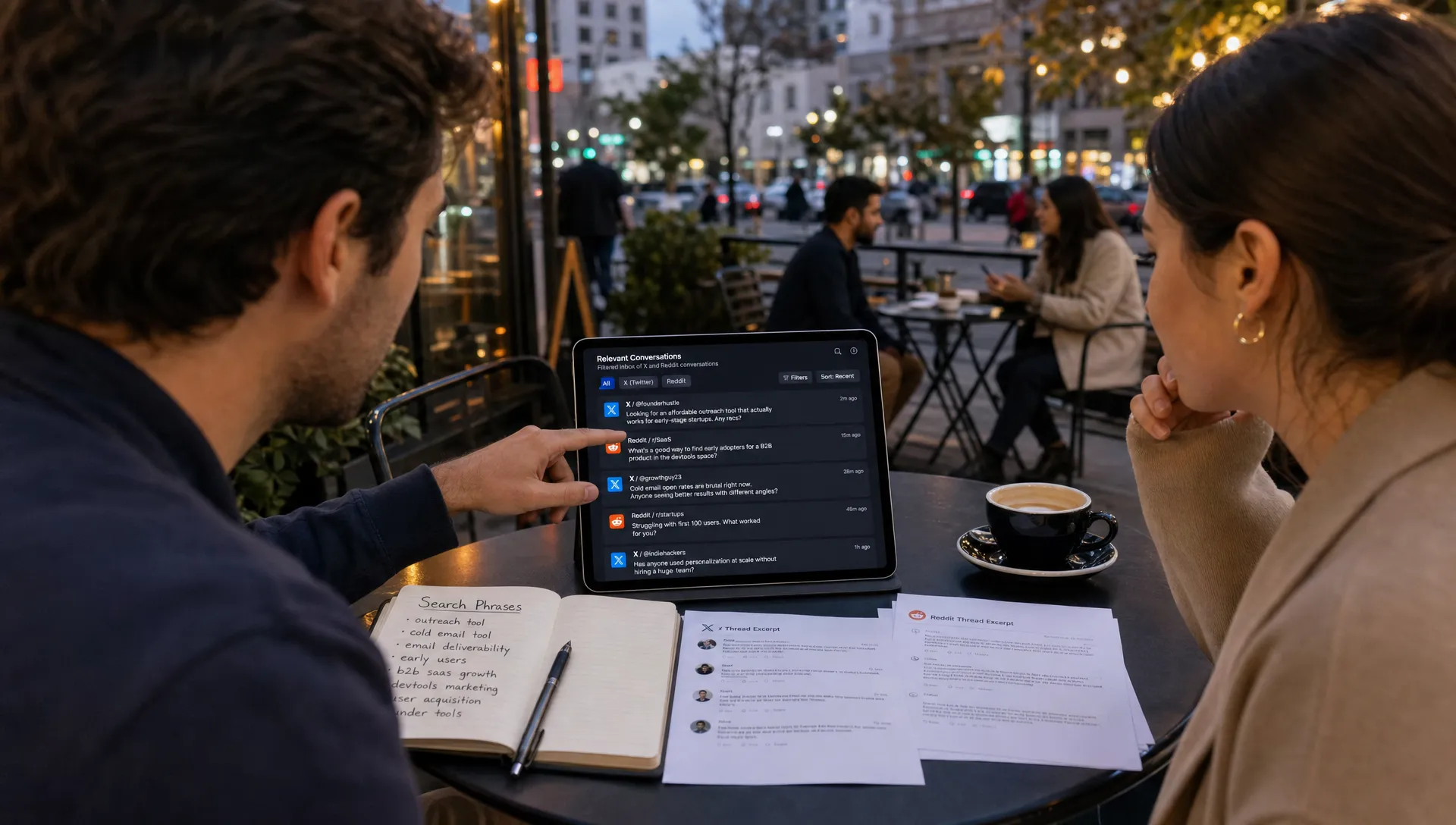 A wide outdoor evening scene of a founder and a marketer standing at a café patio table, reviewing a tablet that faces the camera and shows a filtered inbox of relevant X and Reddit conversations, with a notebook of search phrases and a few printed thread excerpts spread beside it. The background has soft city movement and other tables, suggesting live conversations happening in real time, while the foreground focuses on quick lead spotting and reply planning.