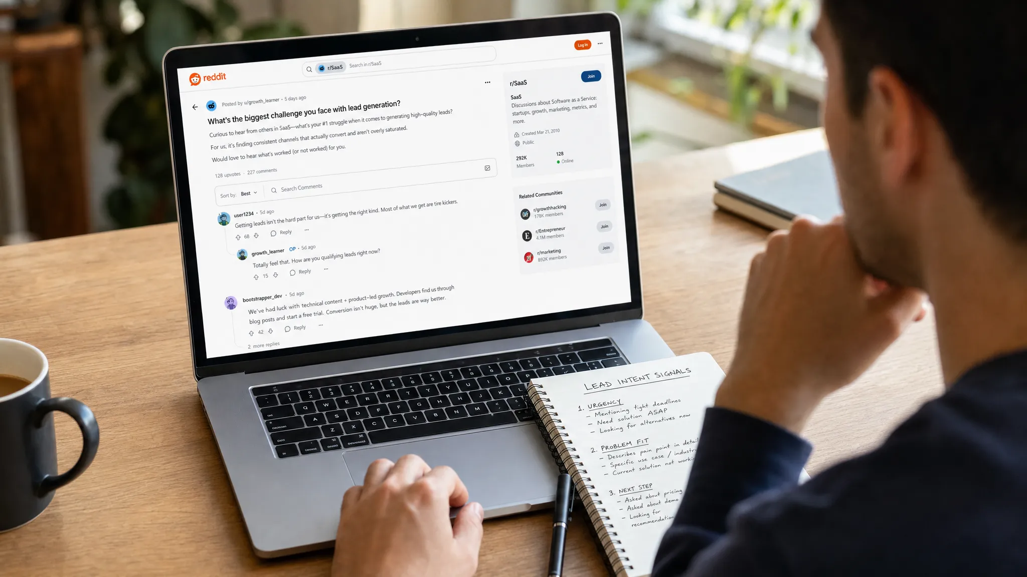 A founder reviewing a Reddit discussion thread on a laptop, with notes showing lead intent signals such as urgency, problem fit, and next step.
