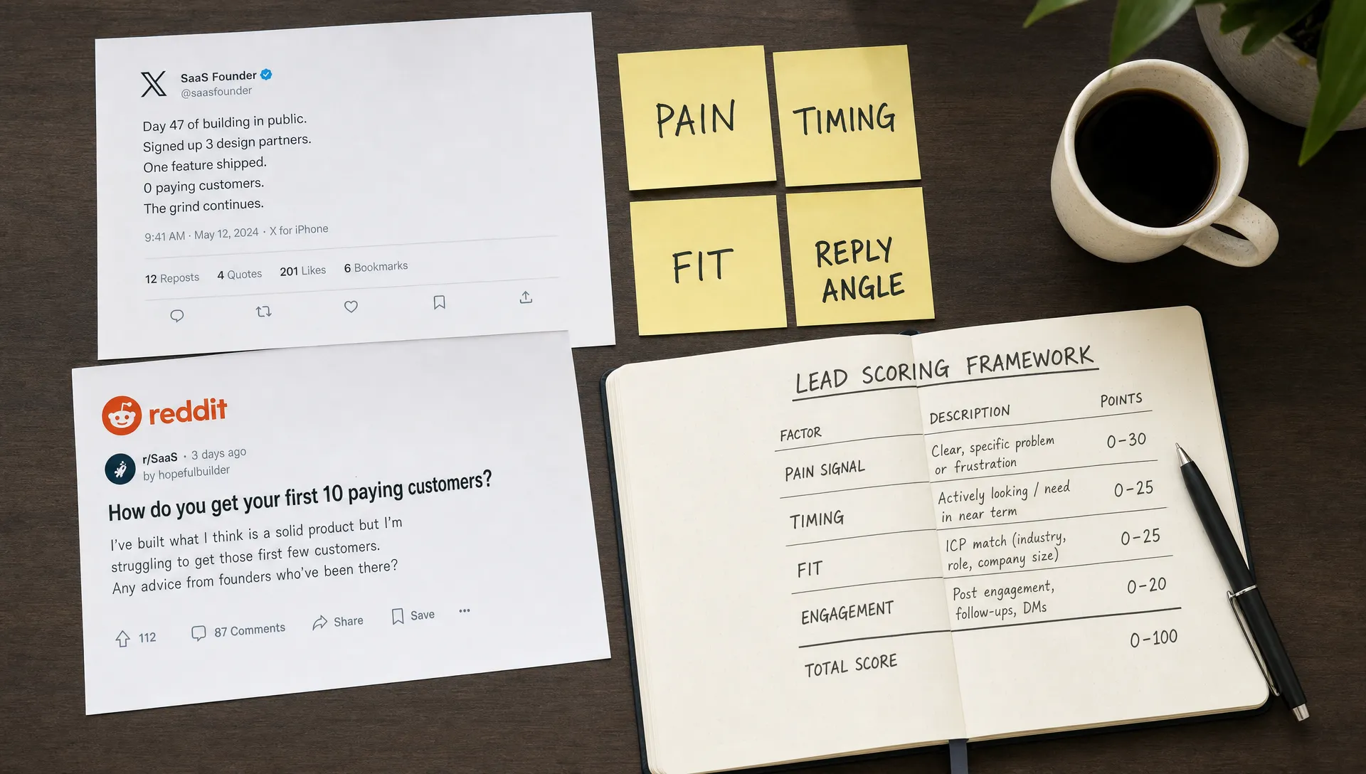 A desk with printed X and Reddit post excerpts, sticky notes labeled pain, timing, fit, and reply angle, and an open notebook showing a simple lead scoring framework.