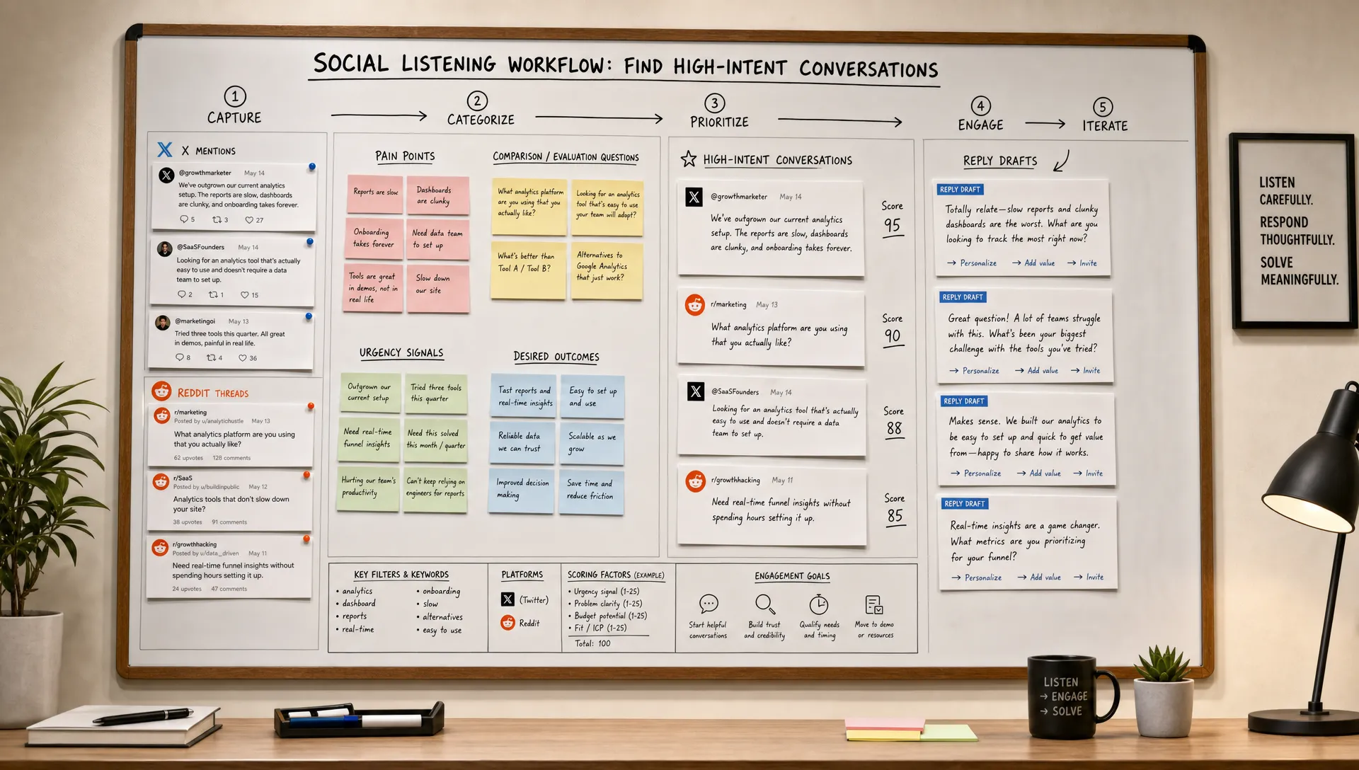 A wide conceptual scene of a social listening workflow for finding high-intent conversations: a large central board with grouped printed post excerpts from X and Reddit, clear notes for pain points, comparison questions, and urgency signals, plus a few reply draft cards arranged neatly beside it. The setting feels organized and strategic, with no people visible and no laptop on the main surface.
