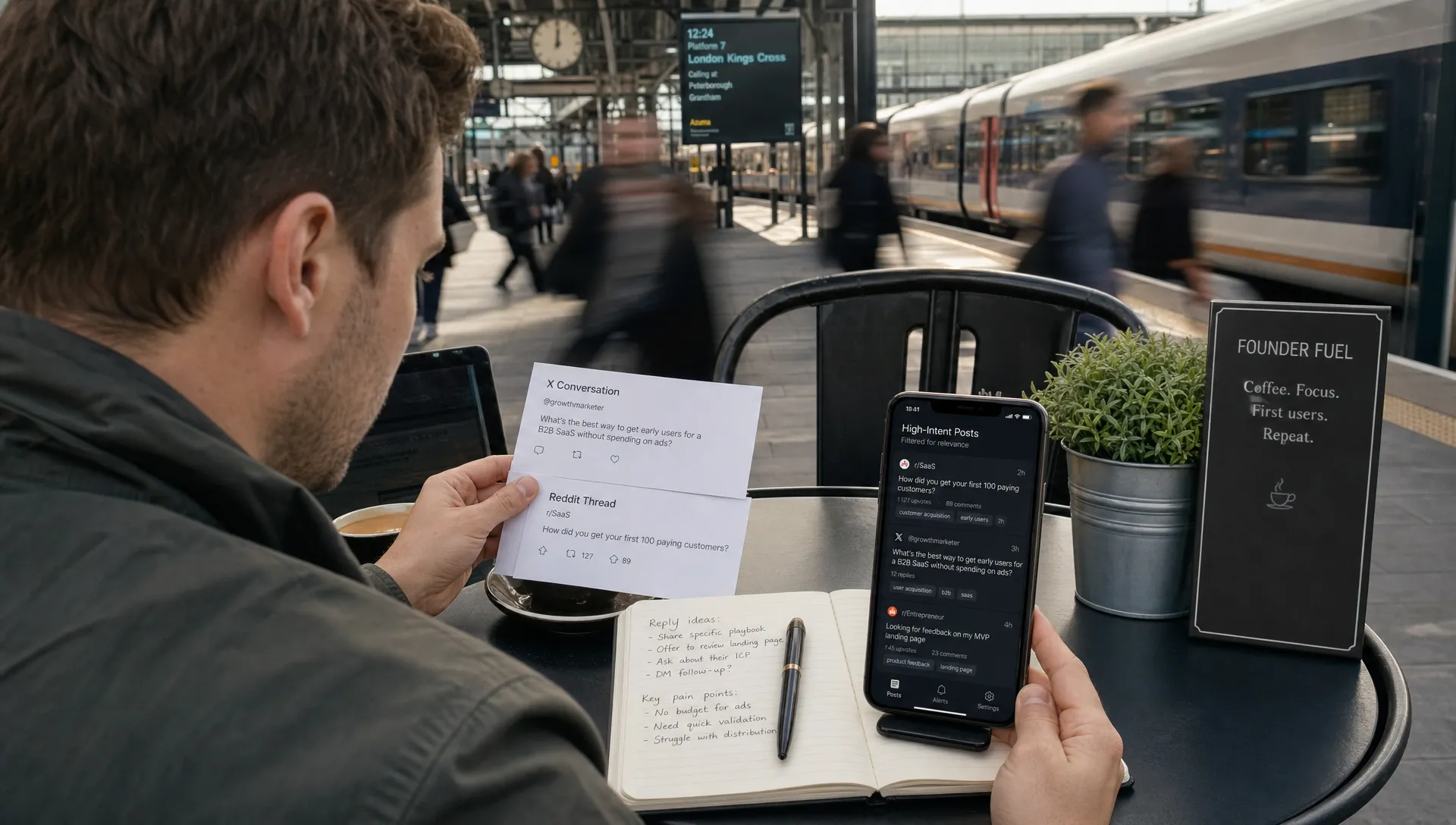 A wide outdoor scene at a train station cafe table where a solo founder reviews printed conversation cards from X and Reddit, with a notebook of reply notes and a phone facing the camera showing a filtered inbox of relevant posts. Commuters and motion blur in the background suggest conversations moving quickly in real time, and the main focus is on spotting high-intent threads before they cool off.