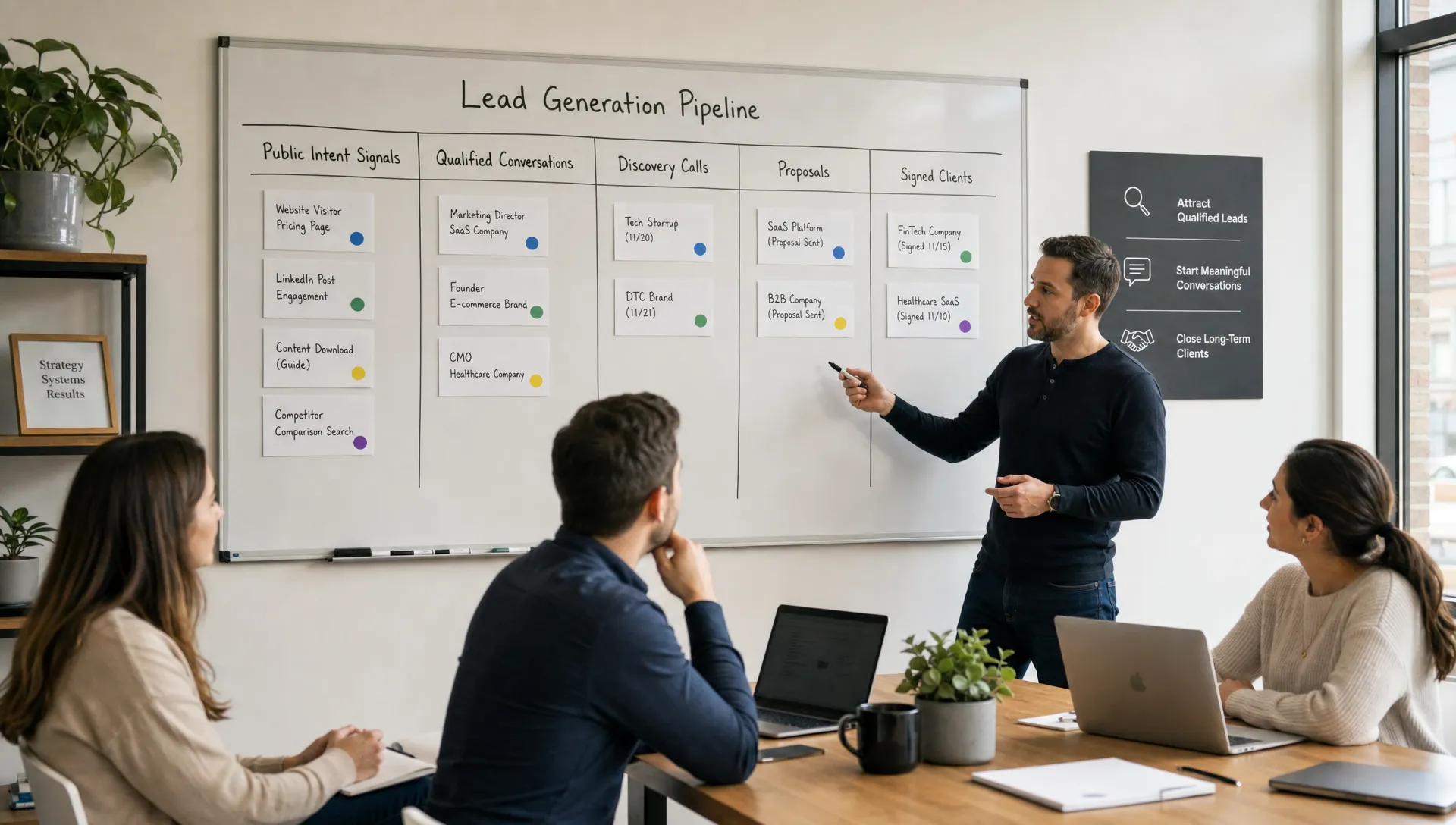 A marketing agency team reviewing a simple pipeline board with columns for public intent signals, qualified conversations, discovery calls, proposals, and signed clients. The scene emphasizes organized lead generation workflow rather than cold outreach volume.