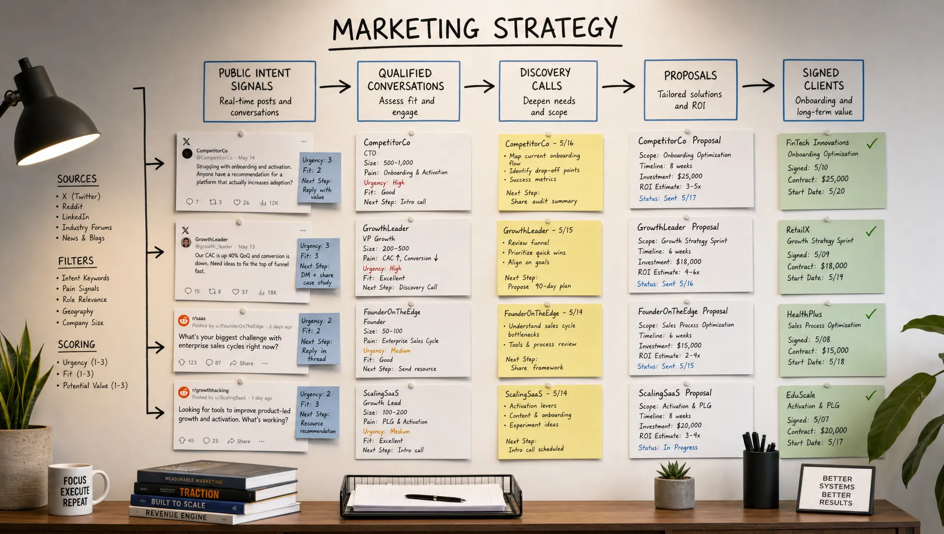 A wide indoor scene of a marketing strategy wall with a clear pipeline flow from public intent signals to qualified conversations, discovery calls, proposals, and signed clients. A few printed X and Reddit post excerpts are pinned or taped in place, with simple notes about urgency, fit, and next-step ideas arranged around them. The composition feels organized and decision-focused, with no people and no laptop on the main surface.