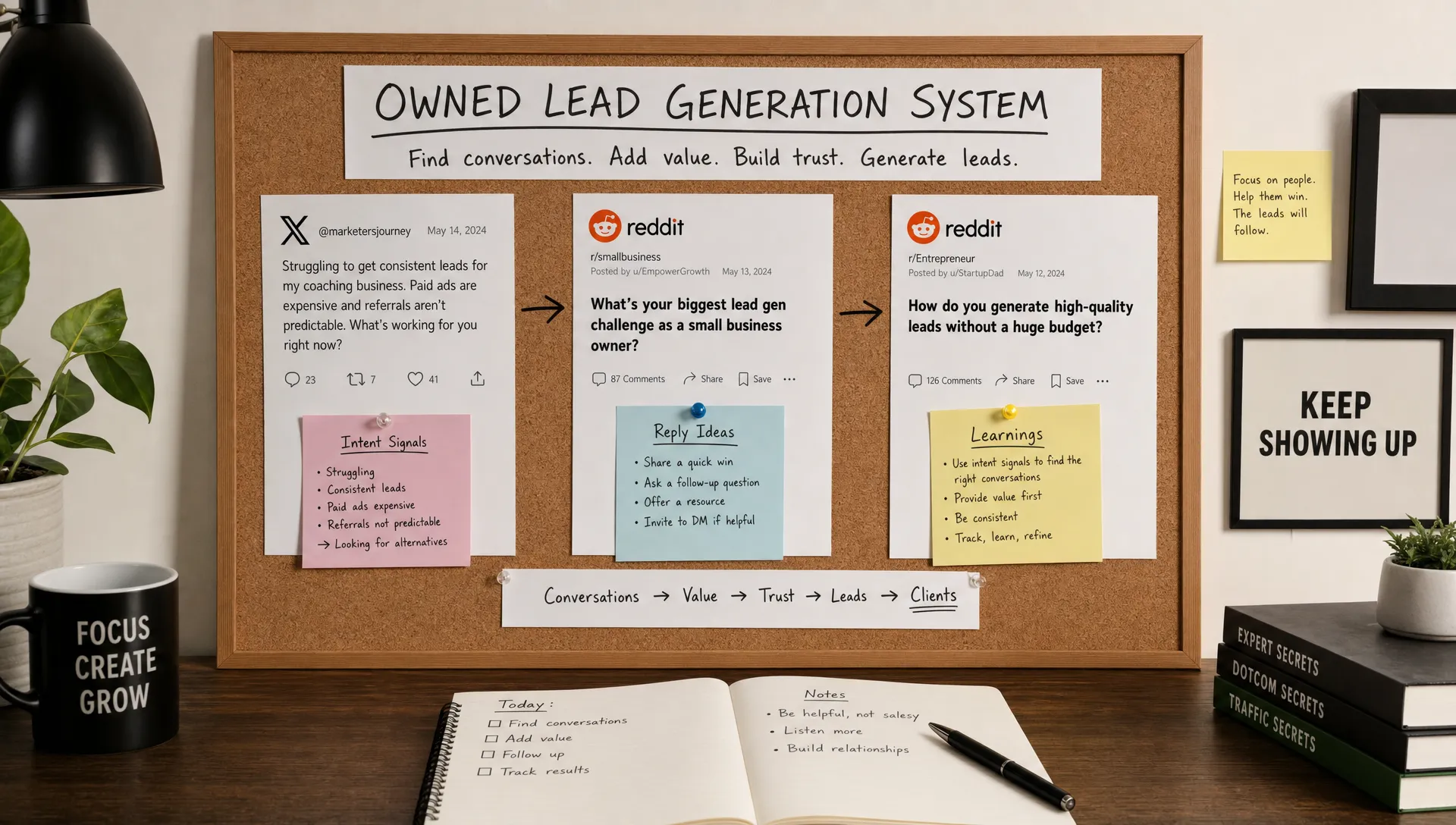 A wide conceptual scene showing an owned lead generation system in action: a central corkboard or wall canvas with a few printed X and Reddit conversation excerpts, arrows, and simple notes for intent signals, reply ideas, and learnings, with a notebook and pen on a nearby surface. The setting feels organized and strategic, with no open laptop and no people visible.