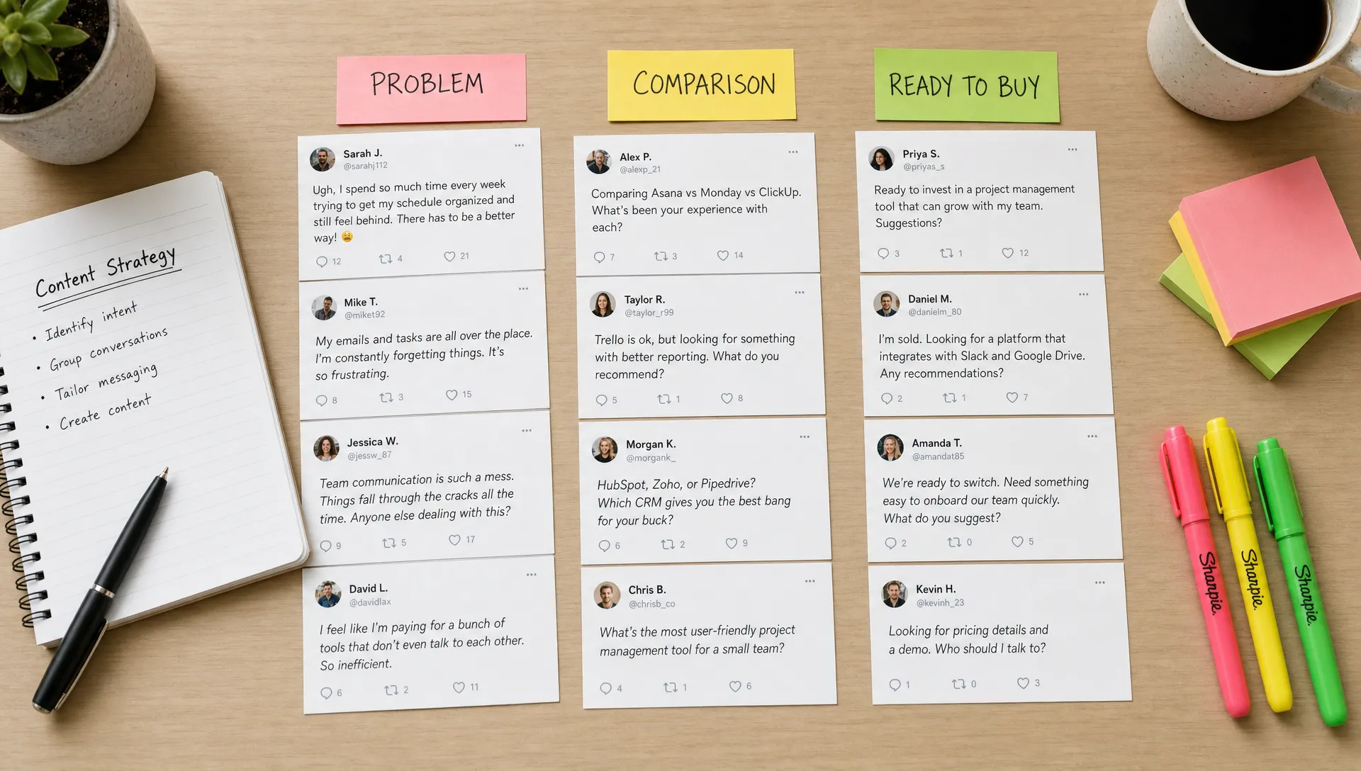 A top-down desk scene with printed social media conversations sorted into three groups labeled problem, comparison, and ready to buy, alongside notes and highlighters on a clean desk.