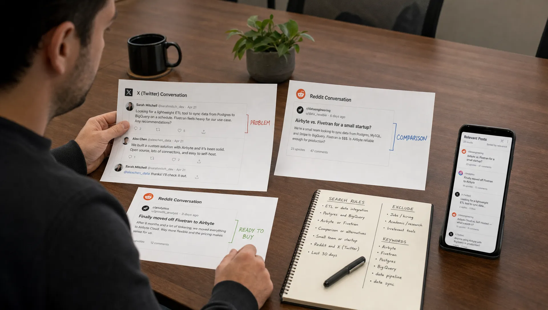 A wide indoor scene of a person reviewing a small cluster of printed X and Reddit conversation excerpts on a conference table, with a notebook of search rules, a pen, and a phone facing the camera showing a list of relevant posts. One sheet is marked with simple labels for problem, comparison, and ready to buy, and the setting feels like a focused lead qualification review rather than a sales pitch.