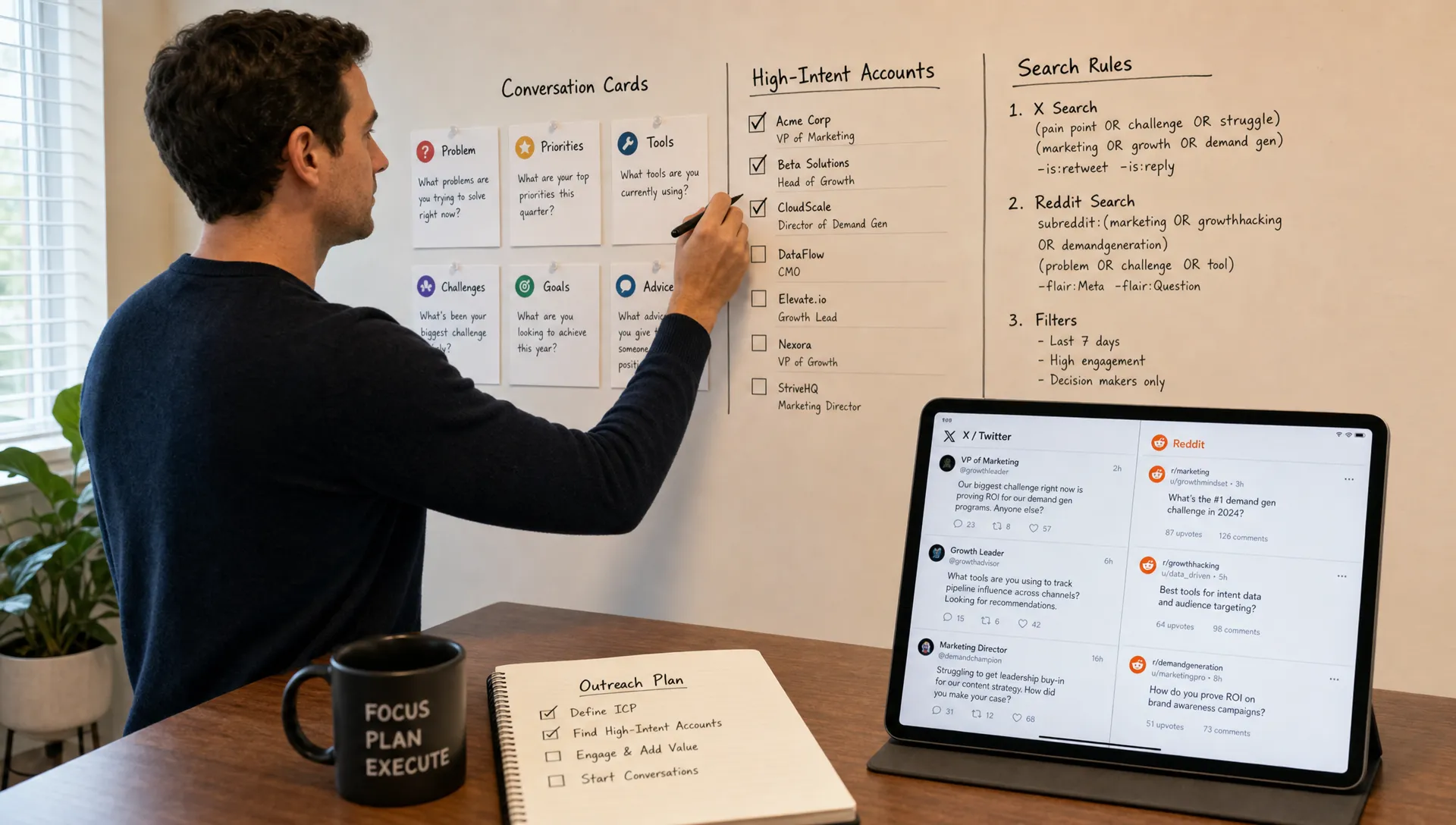 A medium indoor scene of a person standing beside a wall-mounted board of conversation cards and search rules, marking a short list of high-intent accounts with a pen while a tablet on a nearby table faces the camera showing an inbox of relevant X and Reddit posts. The setting feels like a focused morning planning session, with a notebook and coffee on the table and no open-ended desk clutter.