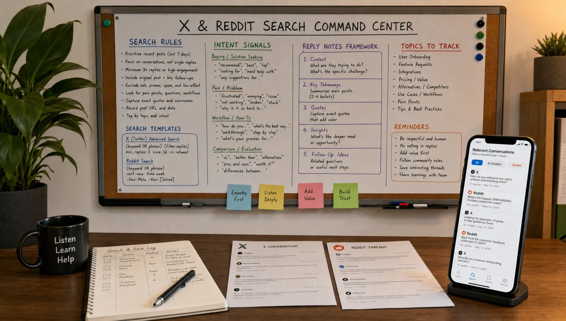 A wide indoor scene of a simple command-center style desk with a wall-mounted board of search rules, intent signals, and reply notes, plus a phone facing the camera showing a filtered inbox of relevant X and Reddit posts. The desk includes a notebook, pen, and a few sorted conversation printouts, with the board as the main hero element and no people visible.