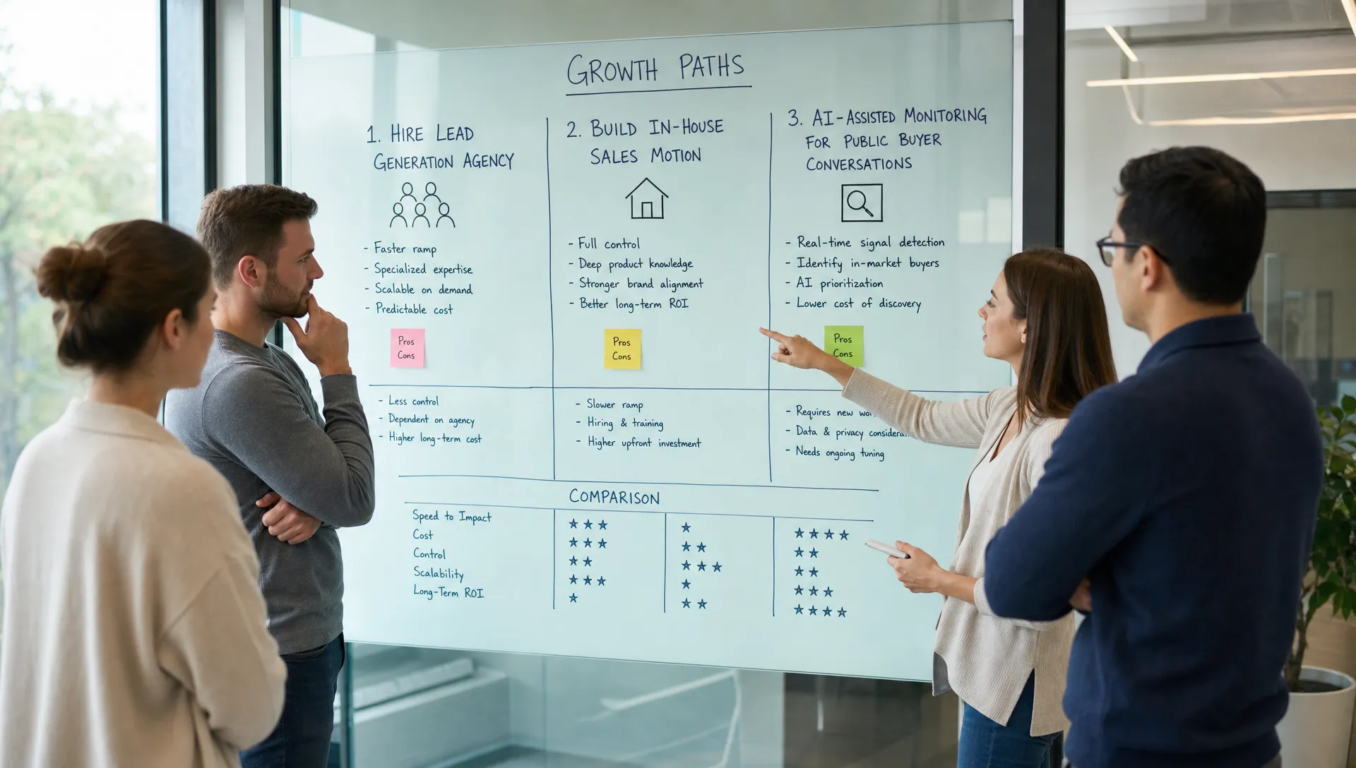 A marketing team stands around a glass wall board comparing three growth paths: hiring a lead generation agency, building an in-house sales motion, and using AI-assisted monitoring for public buyer conversations.