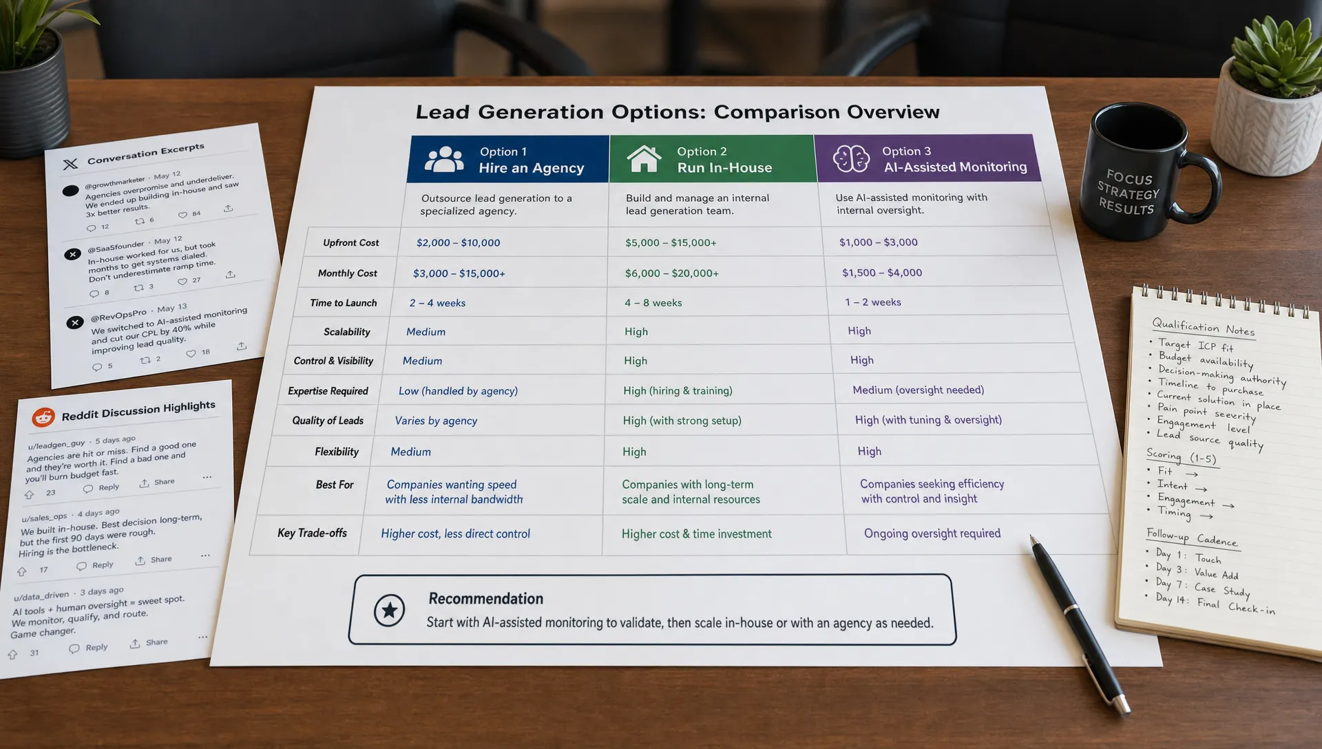 A wide indoor scene of a strategy meeting table with a large printed comparison board showing three paths: hiring an agency, running lead generation in-house, and using AI-assisted monitoring. Beside the board are scattered printed conversation excerpts from X and Reddit, a pen, and a notepad with qualification notes, with no open laptop. The composition feels analytical and decision-focused, with the board as the clear hero element.